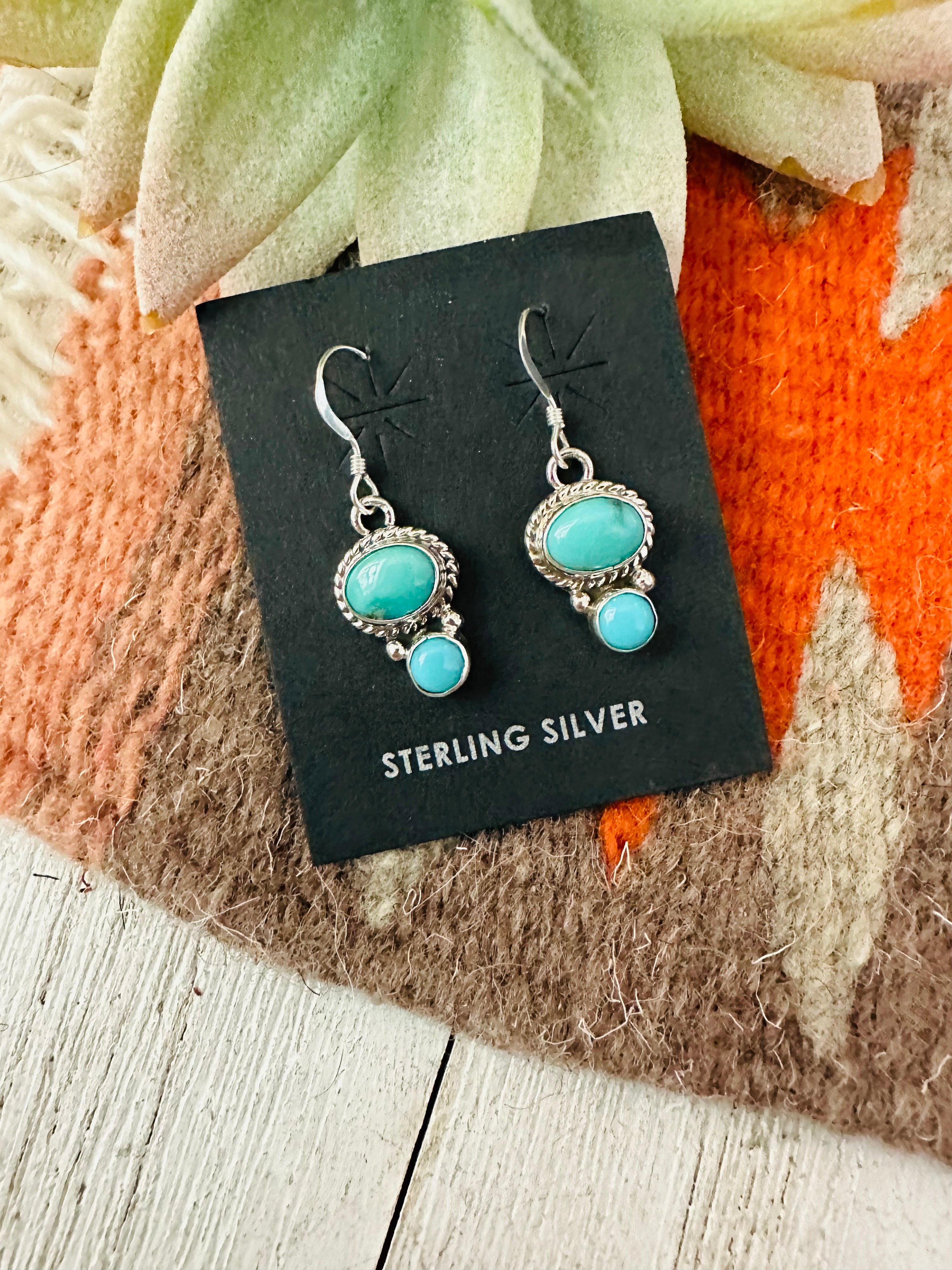 Navajo Turquoise and Sterling Silver Two Stone  Dangle Earrings