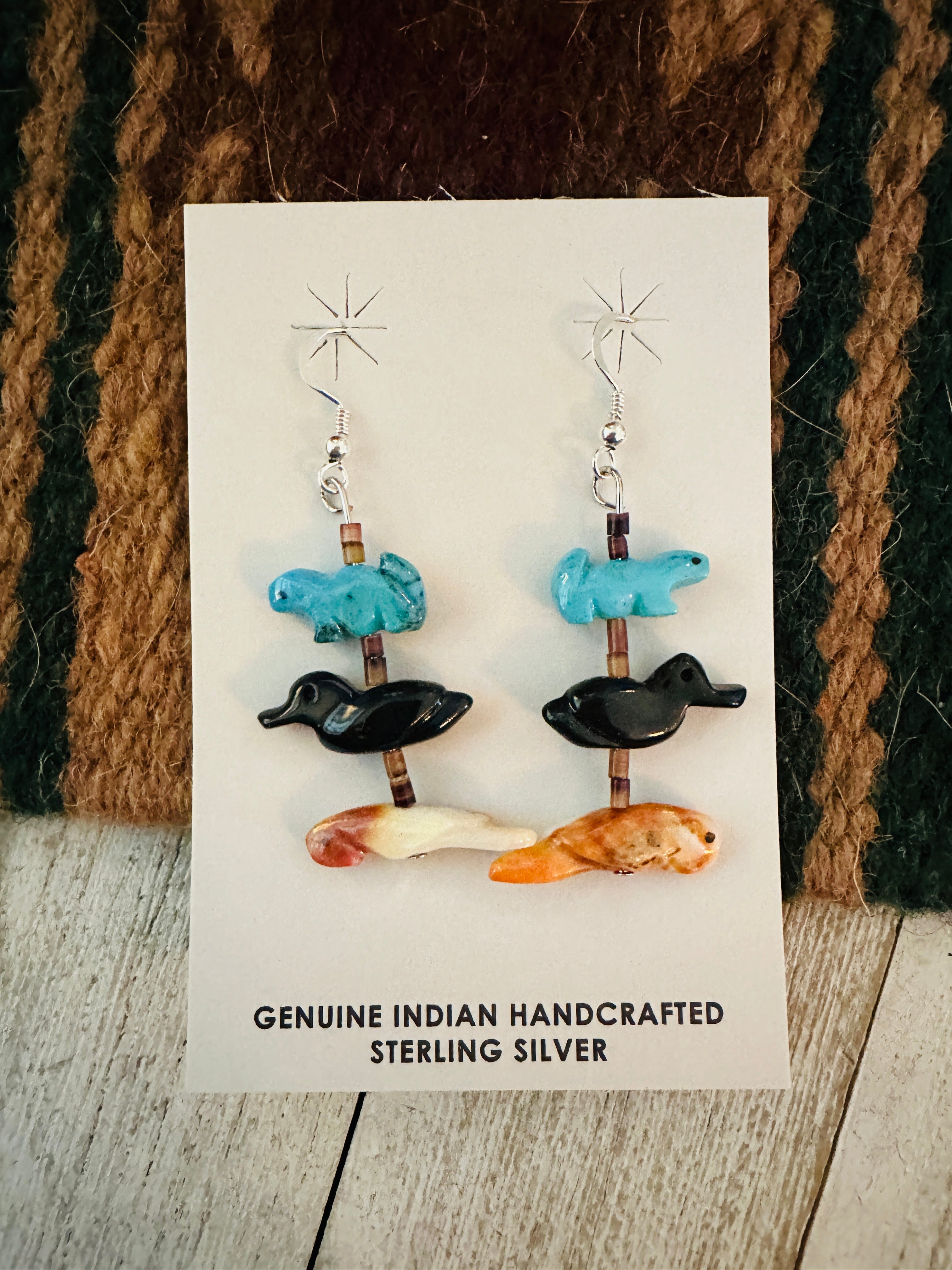 Zuni Multi Stone Beaded Fetish Dangle Earrings