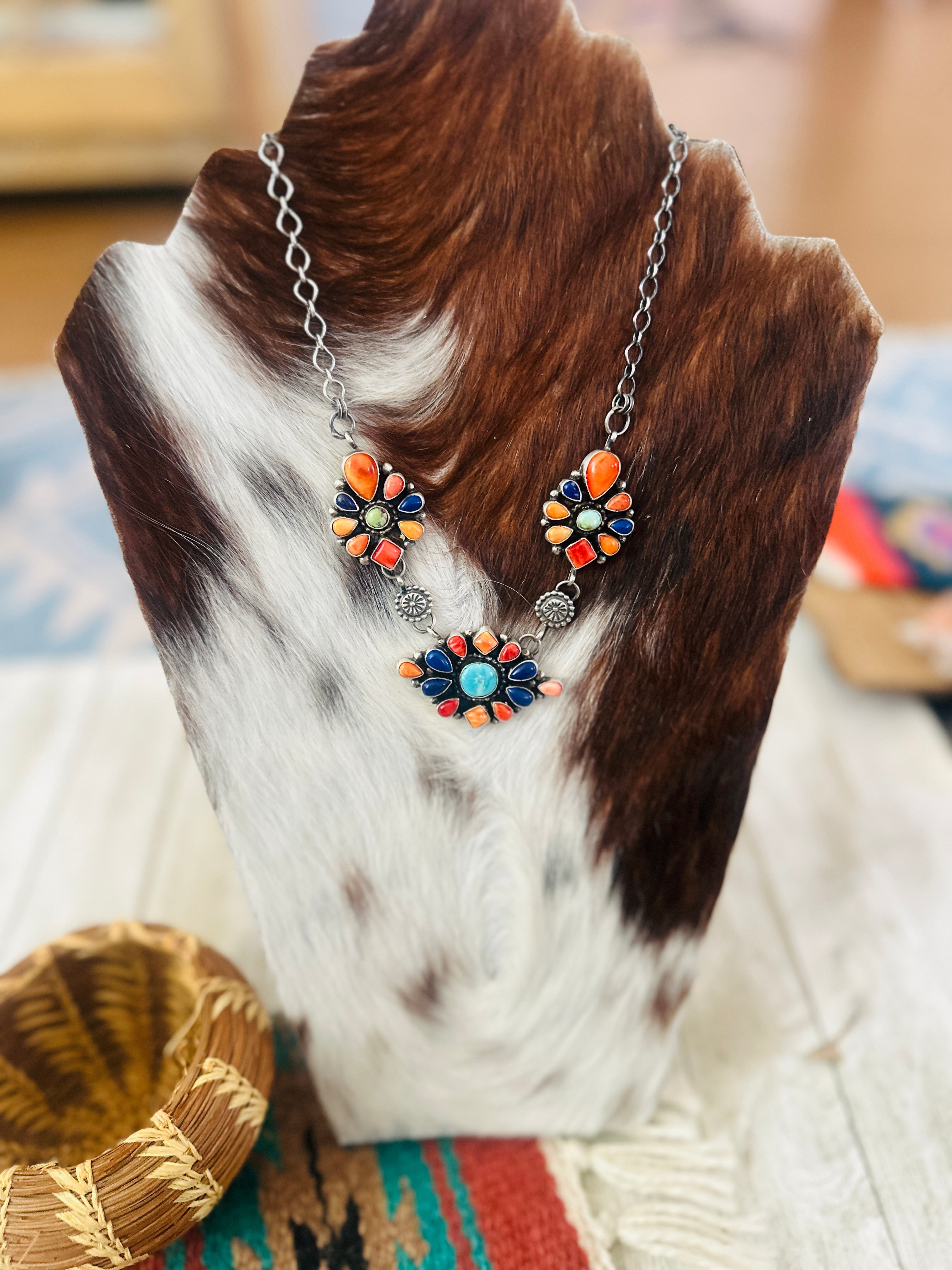 Old Pawn Handcrafted Multi Stone & Sterling Silver Cluster Necklace by Sheila Becenti