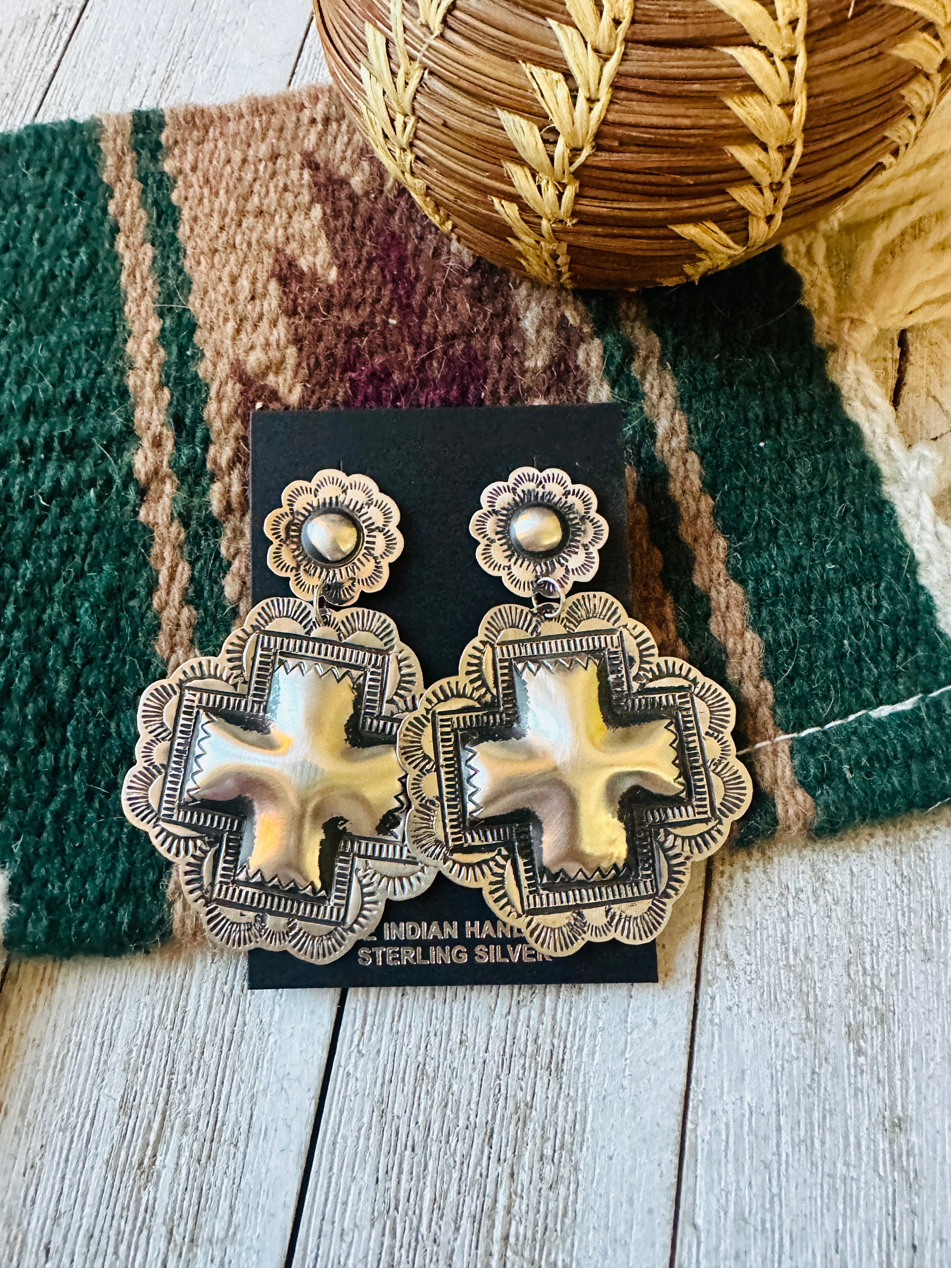 Navajo Hand Stamped Sterling Silver Concho Cross Dangle Earrings by Leander Tahe