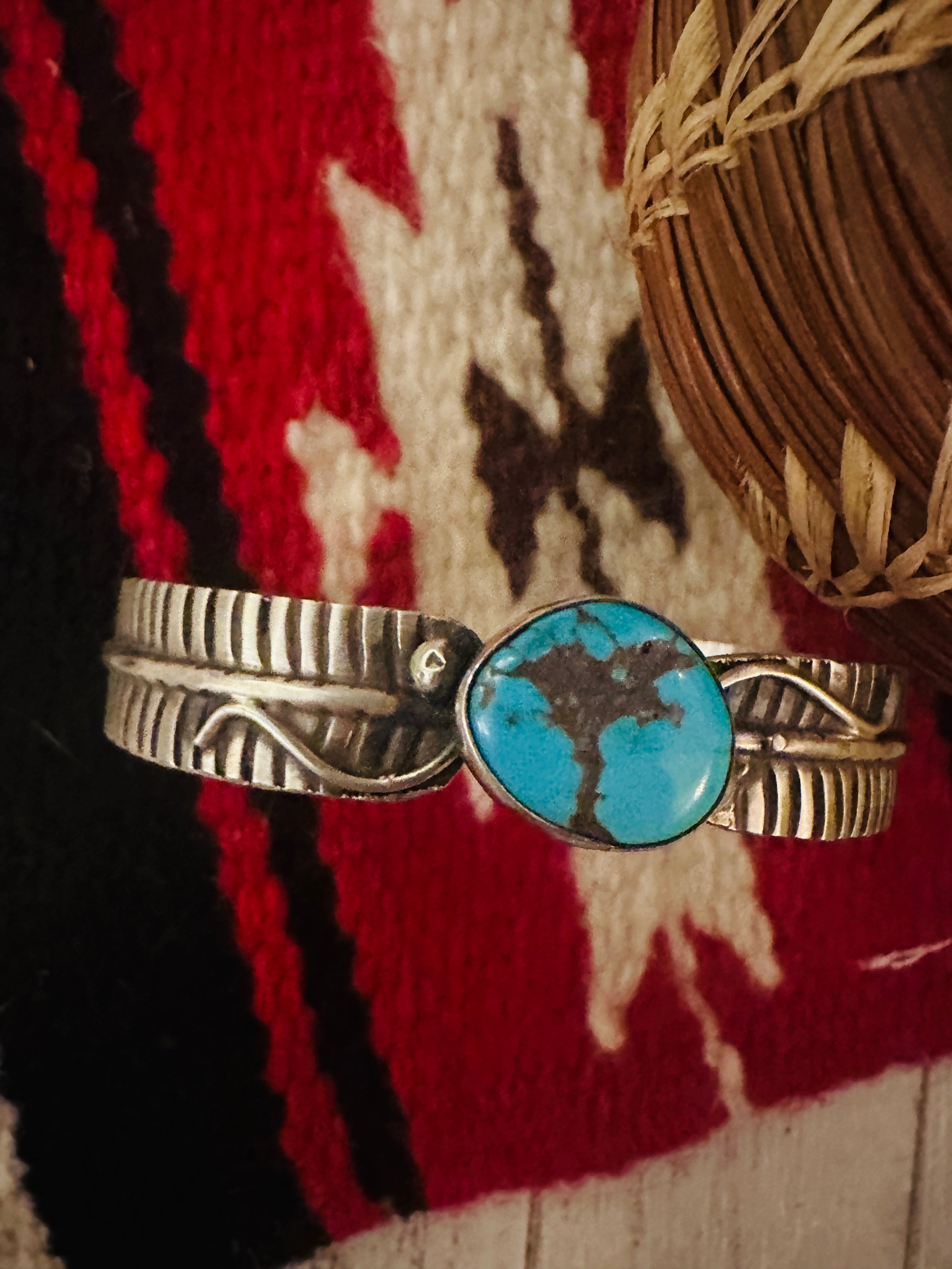 Navajo Turquoise & Sterling Silver Feather Cuff Bracelet