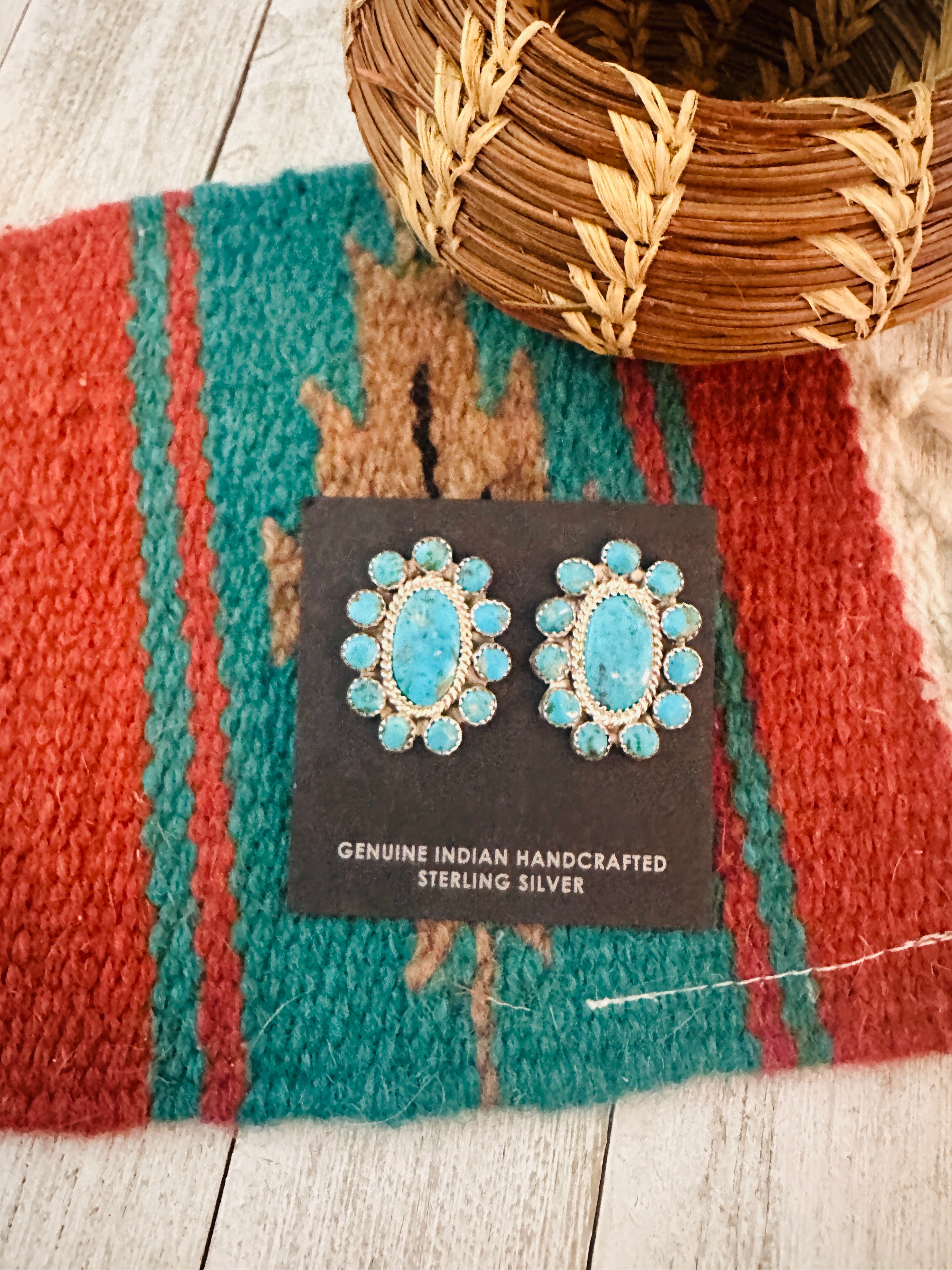 Navajo Sterling Silver & Kingman Turquoise Cluster Post Earrings