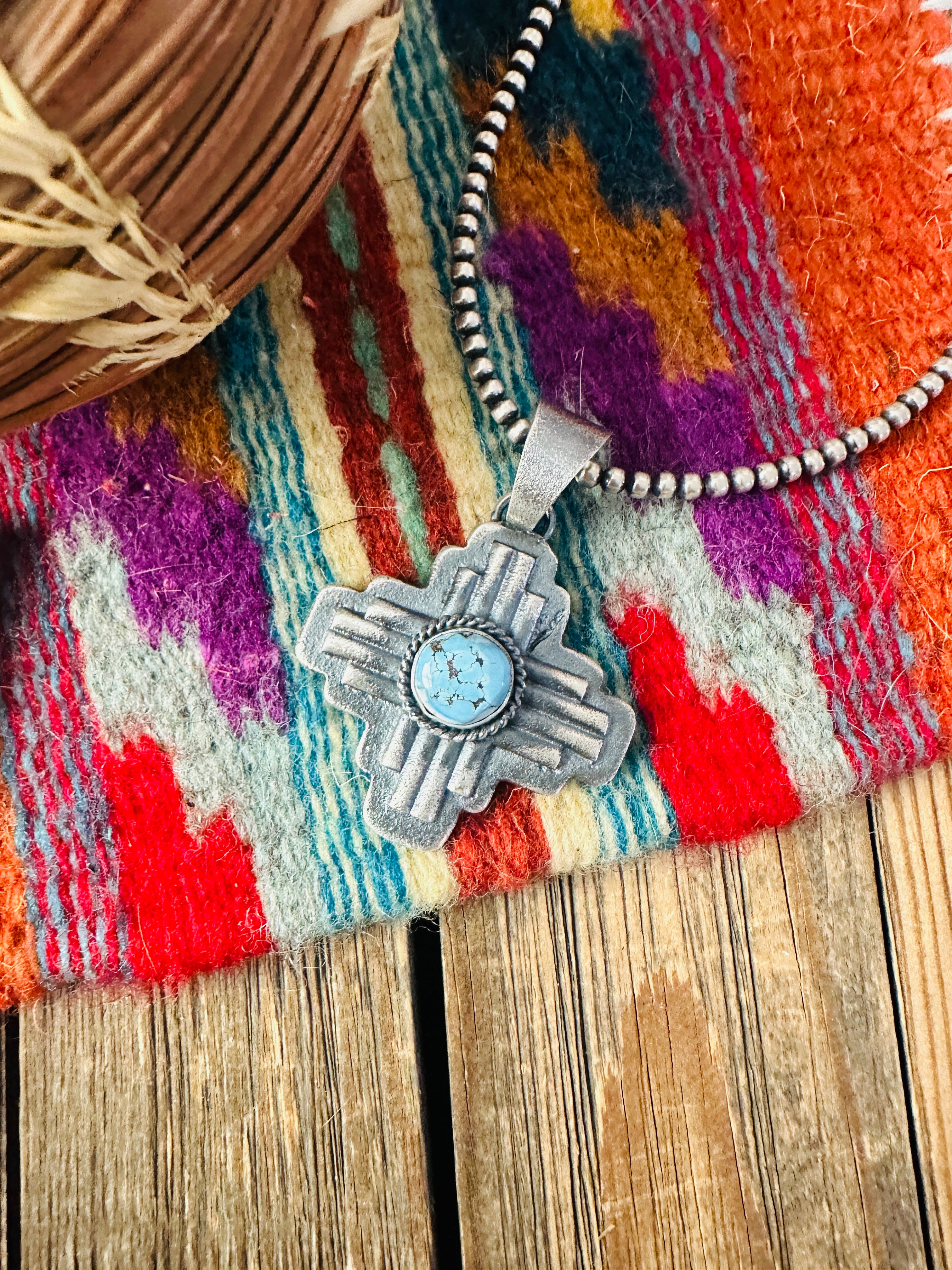 Handcrafted Sterling Silver & Golden Hills Turquoise Zia Cross Pendant by Kevin Billah