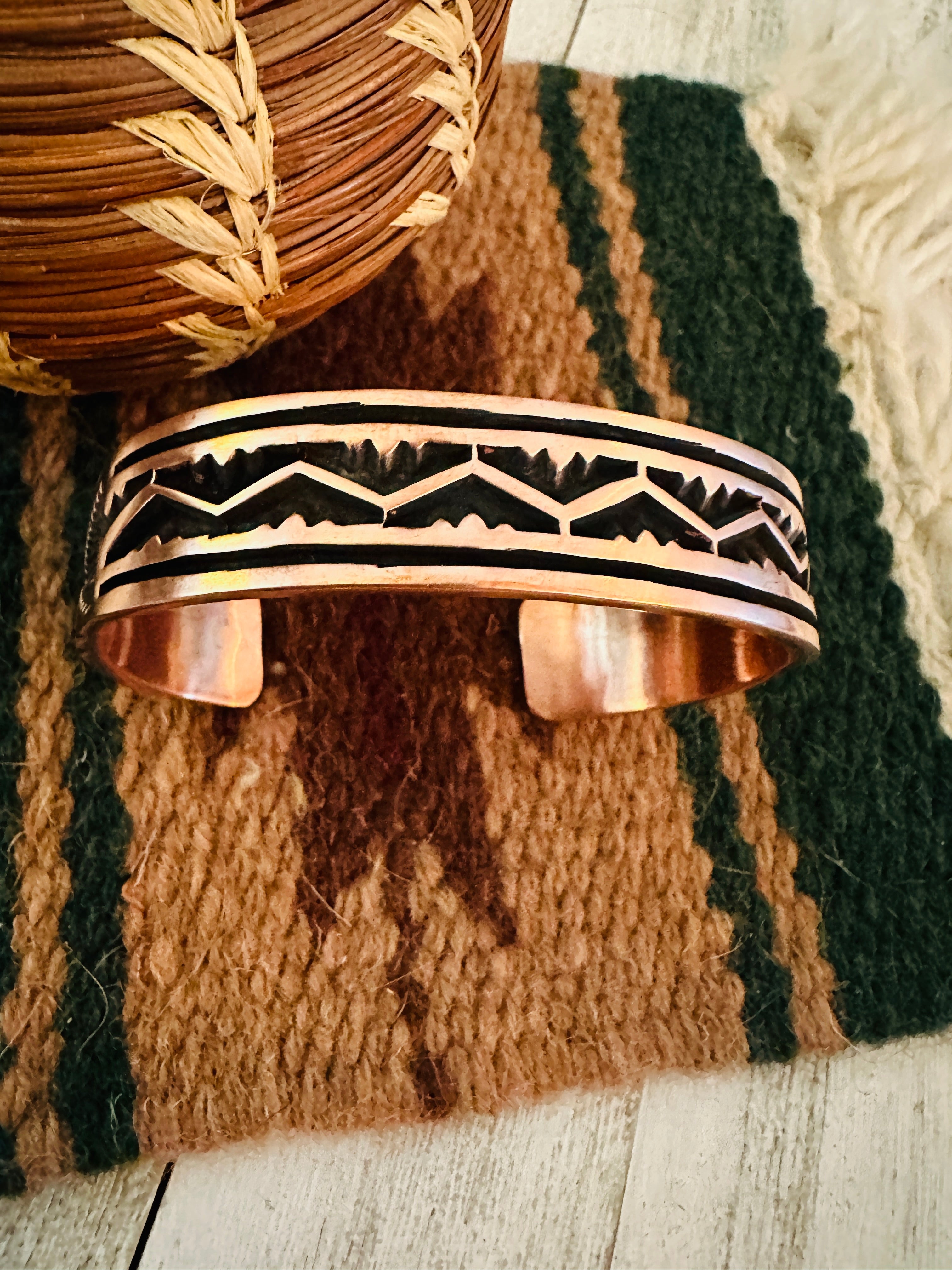 Navajo Hand Stamped Copper Cuff Bracelet Signed