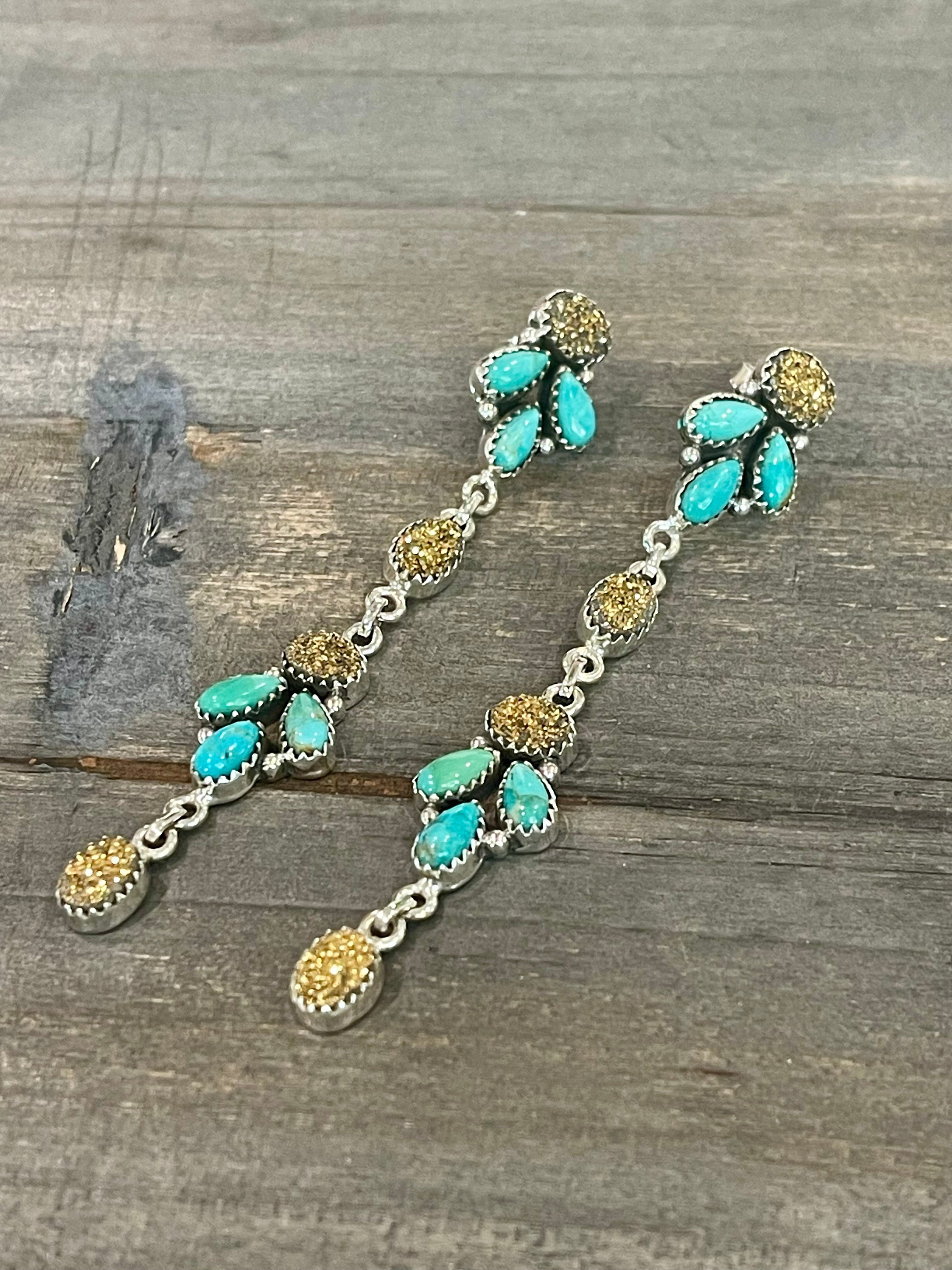 Handmade Sterling Silver Turquoise & Druzy Dangle Earrings