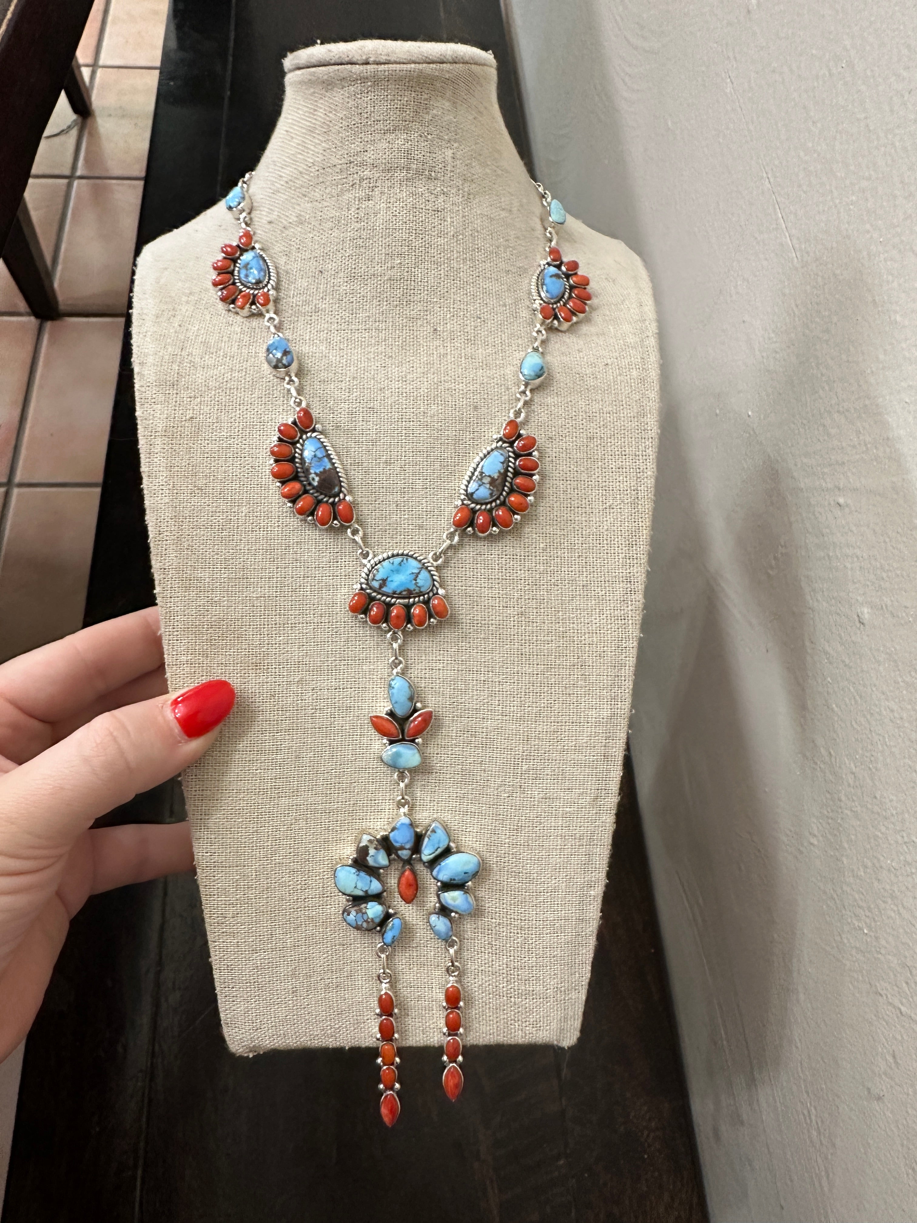 Handmade Sterling Silver, Golden Hills Turquoise & Coral Lariat Necklace SET