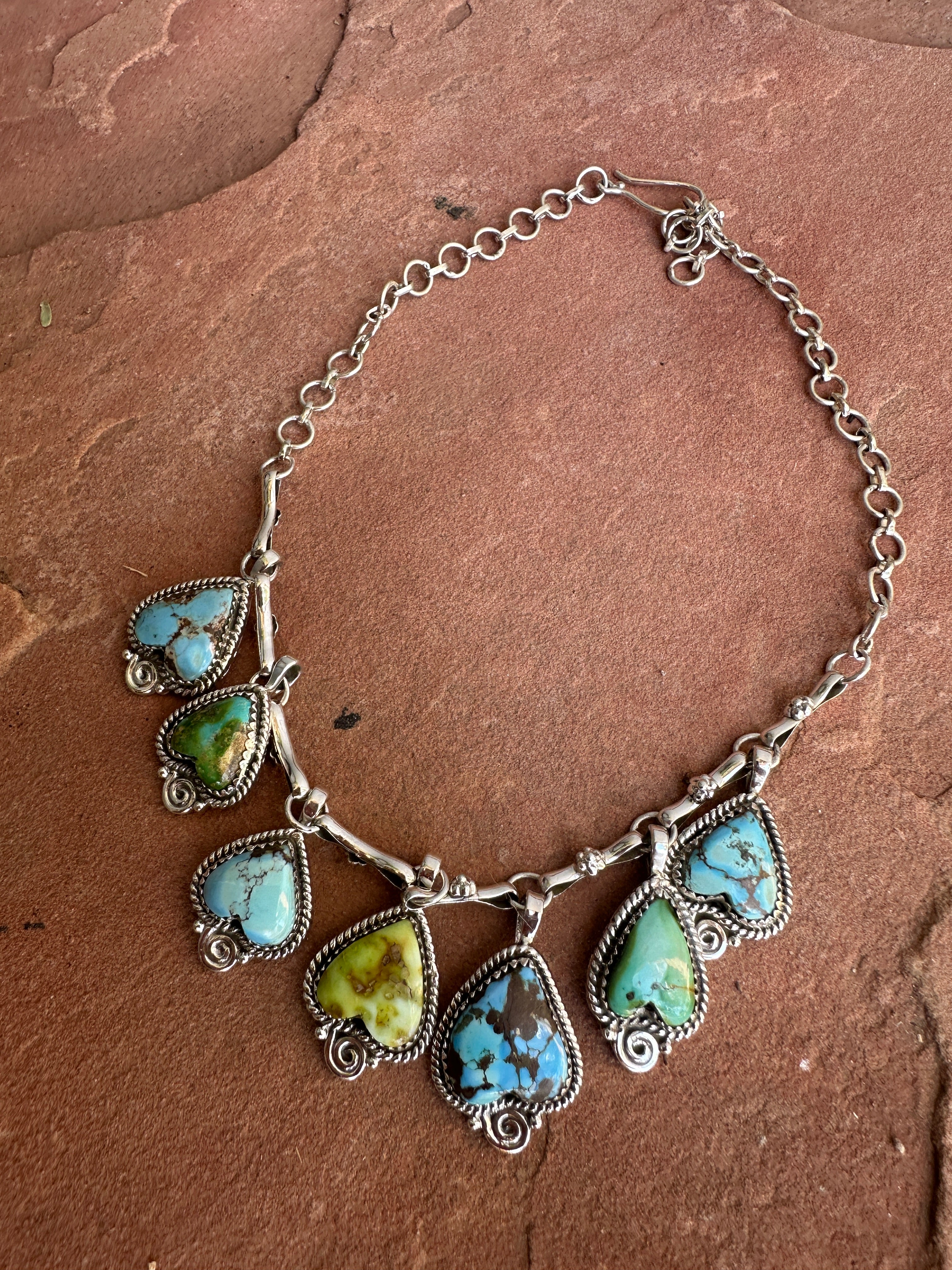 Beautiful Handmade Sterling Silver, Golden Hills Turquoise, Sonoran Turquoise & Palomino Turquoise Charm Necklace