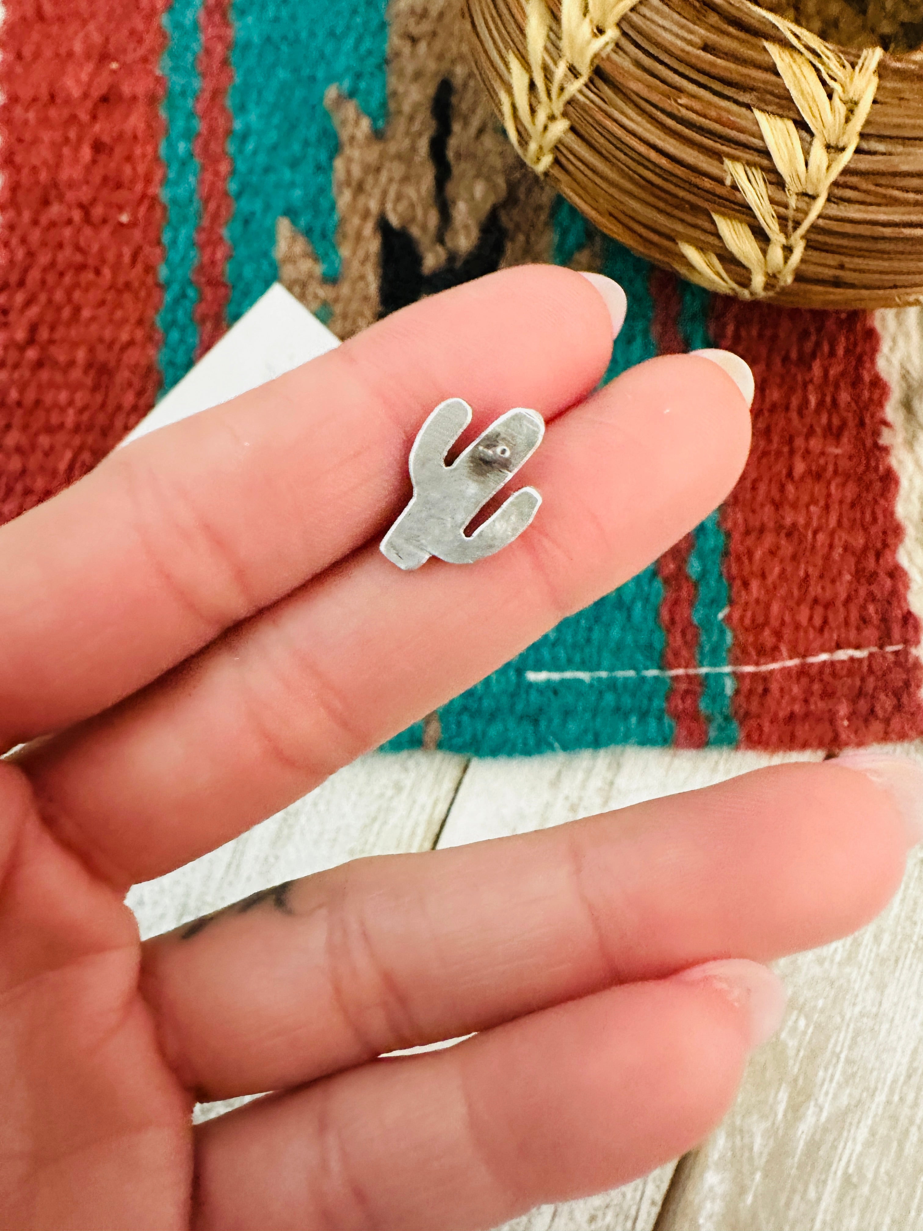 Navajo Sterling Silver & Turquoise Cactus Stud Earrings