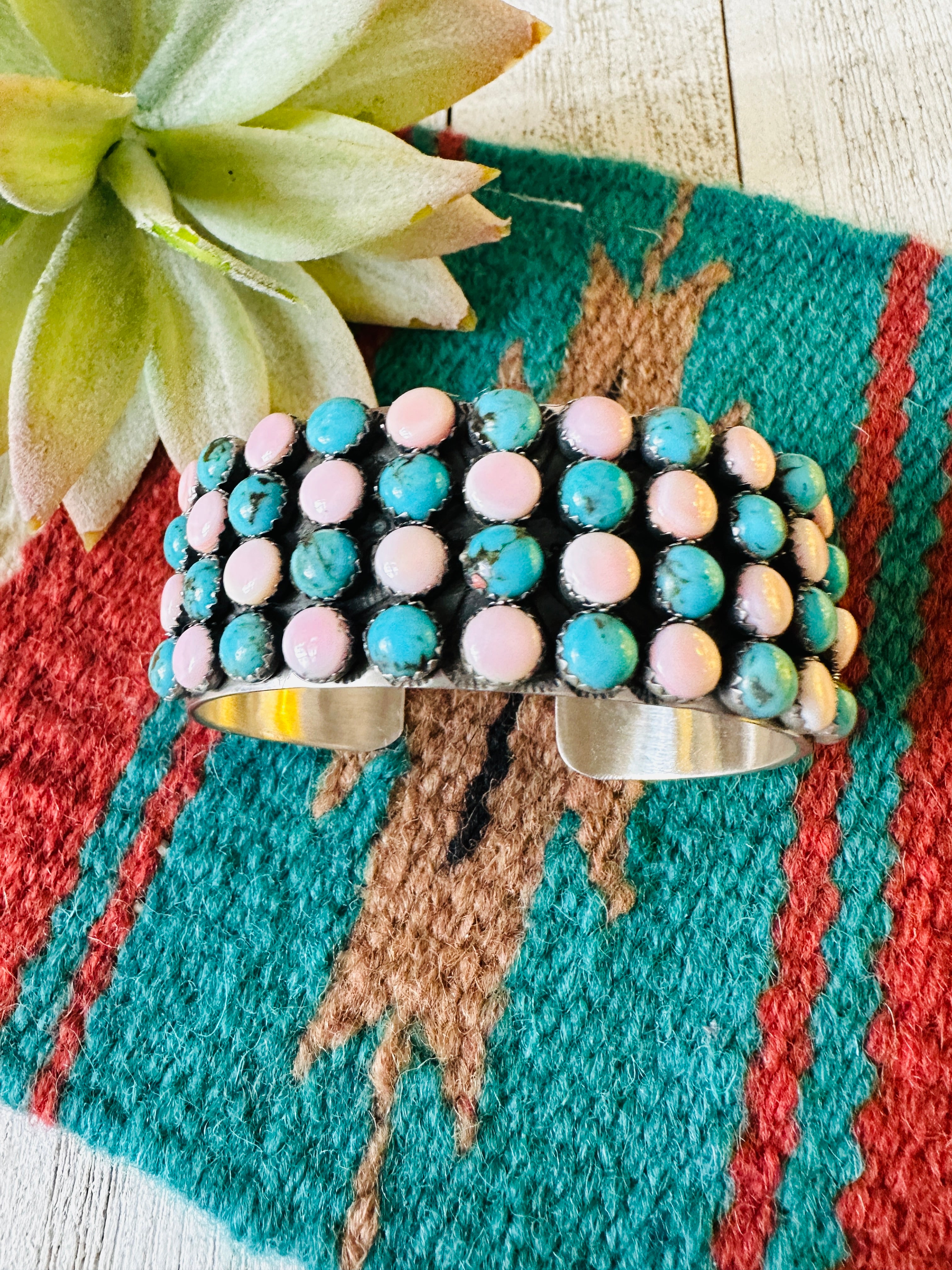 Navajo Sterling Silver, Queen Pink Conch & Turquoise Cuff Bracelet by Leroy James