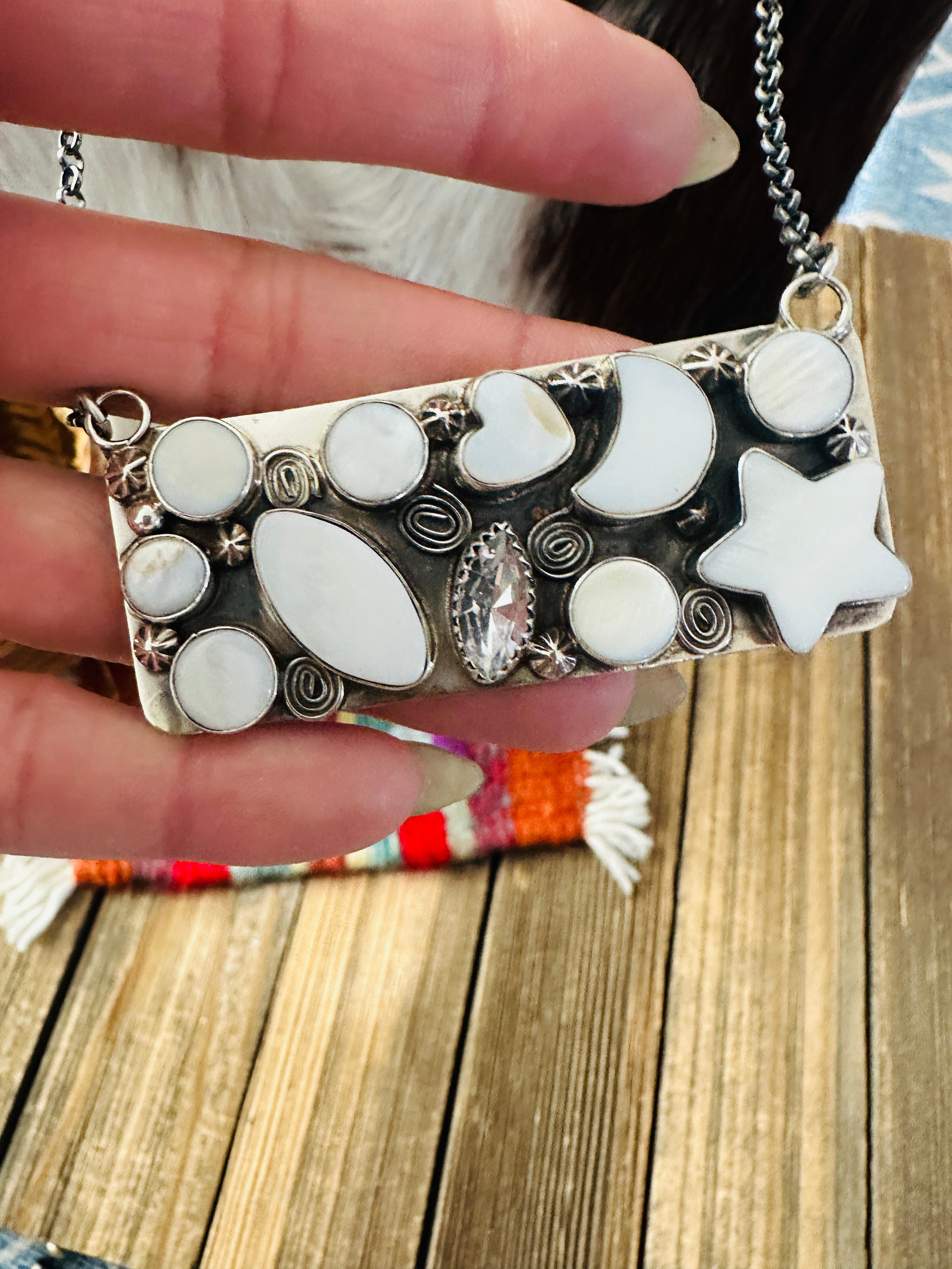 Handcrafted Mother of Pearl, CZ & Sterling Silver Bar Necklace by Jacqueline Silver