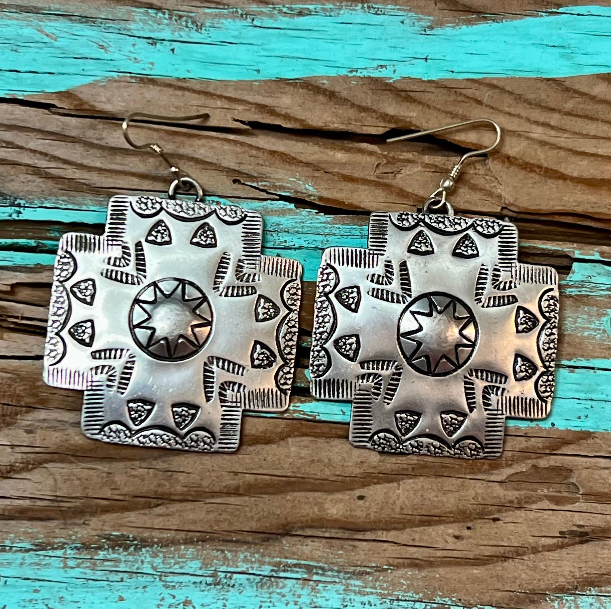 Cross Shaped Silver-Plated Brass Engraved Earrings