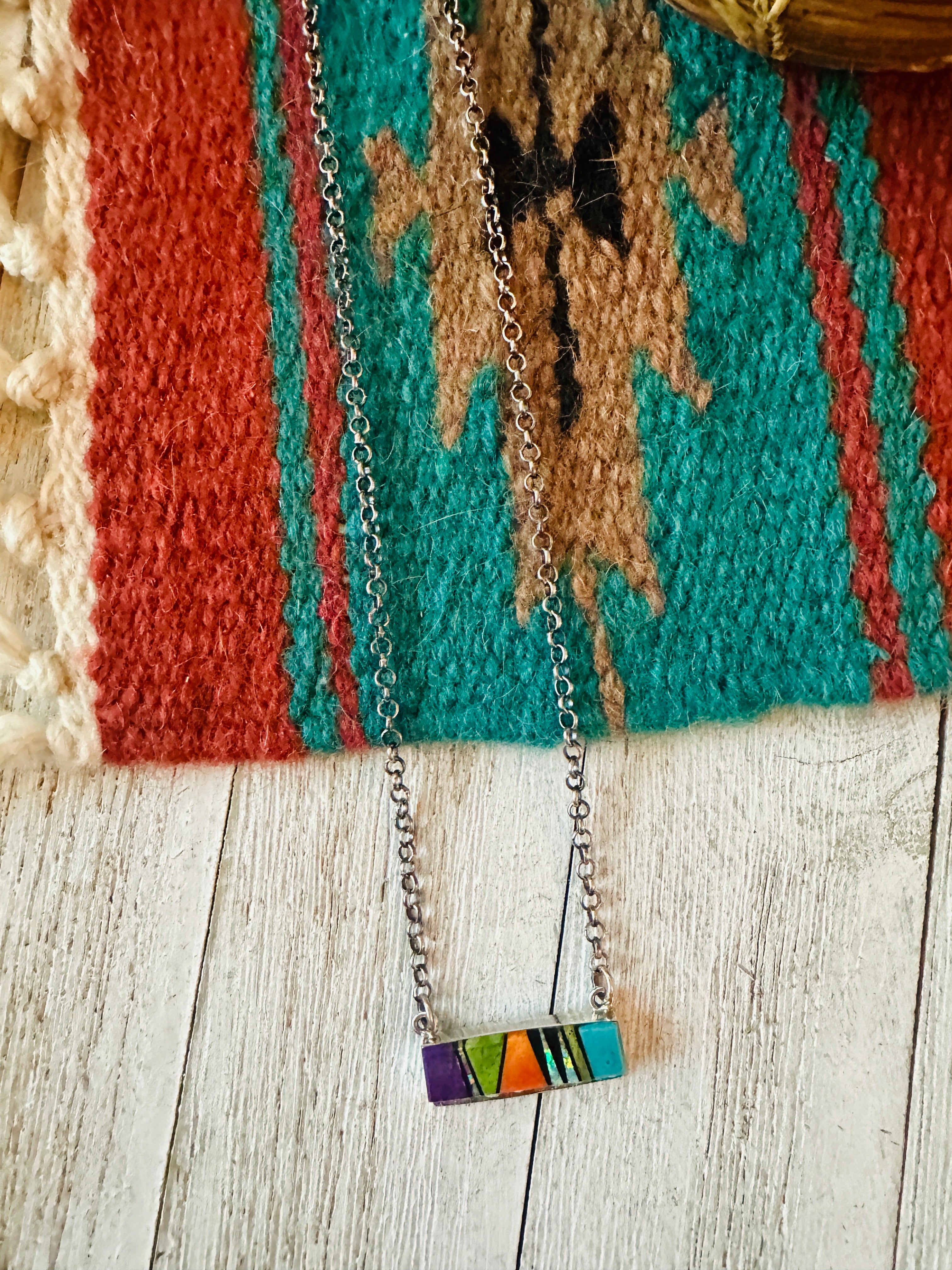 Navajo Multi Stone & Sterling Silver Inlay Bar Necklace