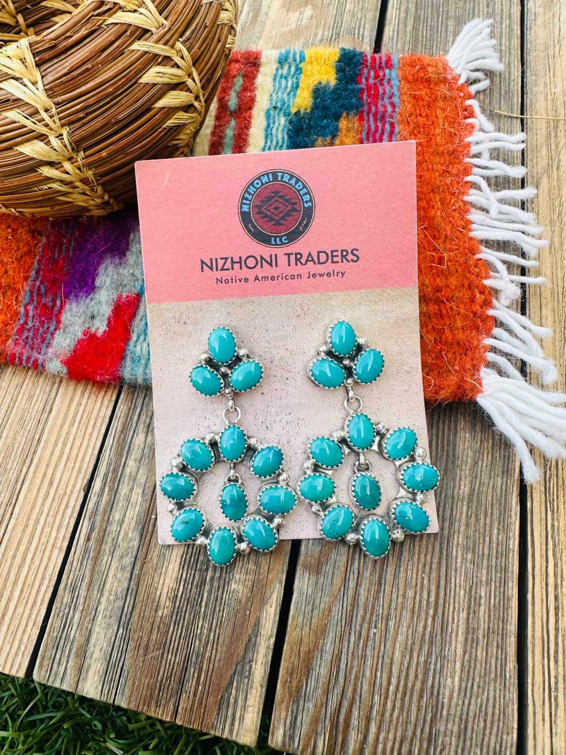 Handcrafted Emerald Valley Turquoise & Sterling Silver Cluster Dangle Earrings