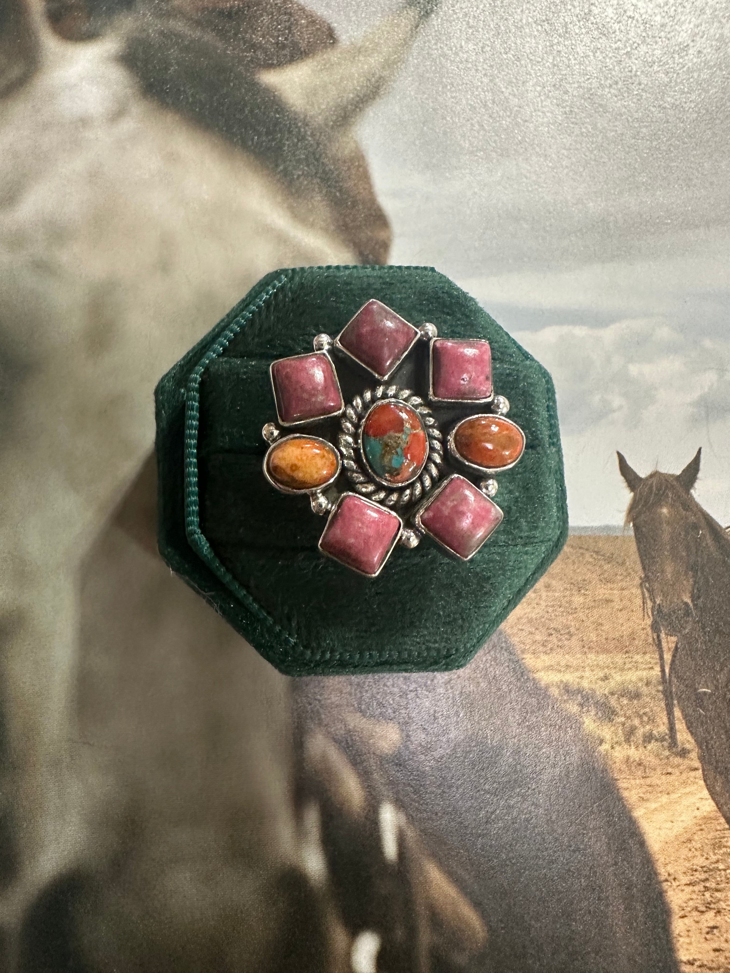 Handmade Coral Mojave, Rhodonite, Orange Mojave And Sterling Silver Adjustable Ring