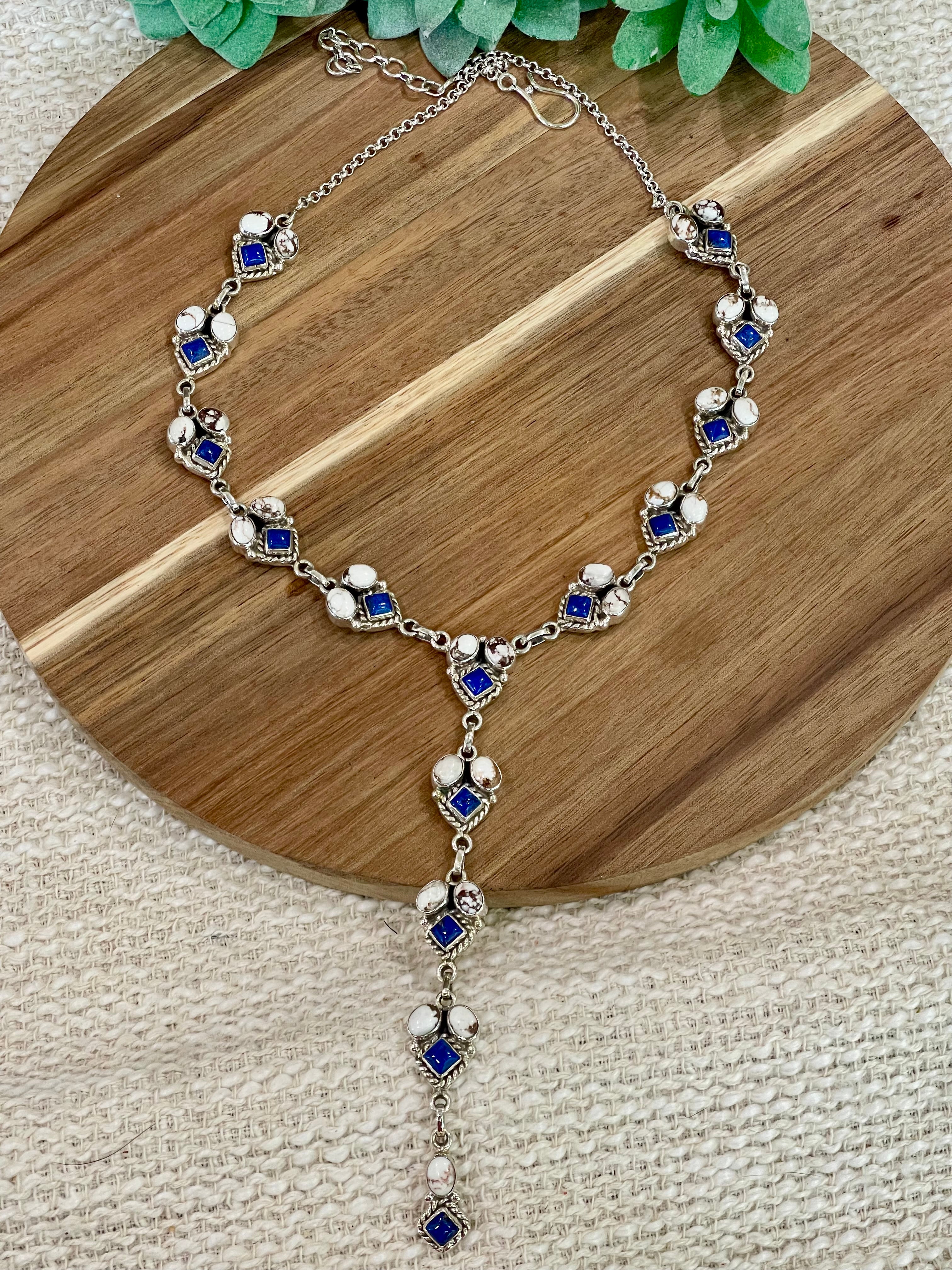 Handmade Sterling Silver Wild Horse with Lapis Lariat Necklace, Signed Nizhoni