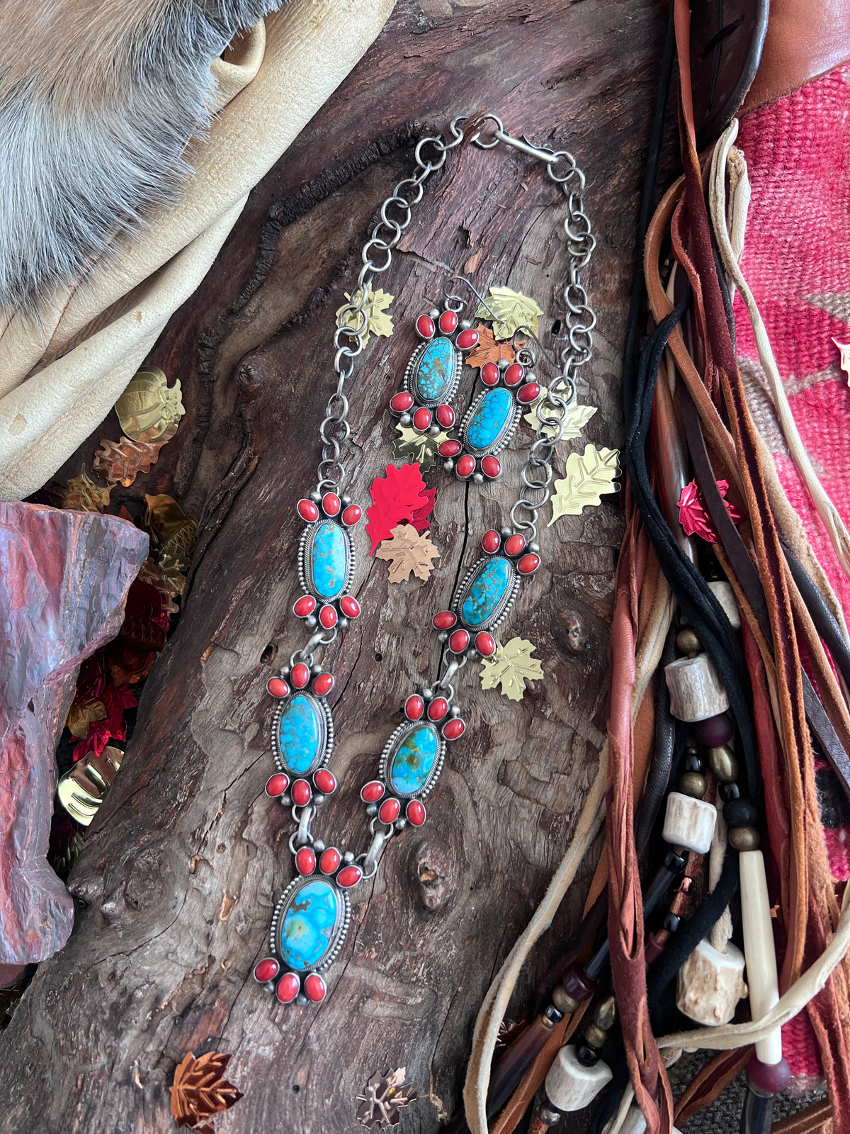 Kathleen Chavez Sterling Silver, Kingman Turquoise & Mediterranean Coral Taos Collection Necklace & Earrings Set