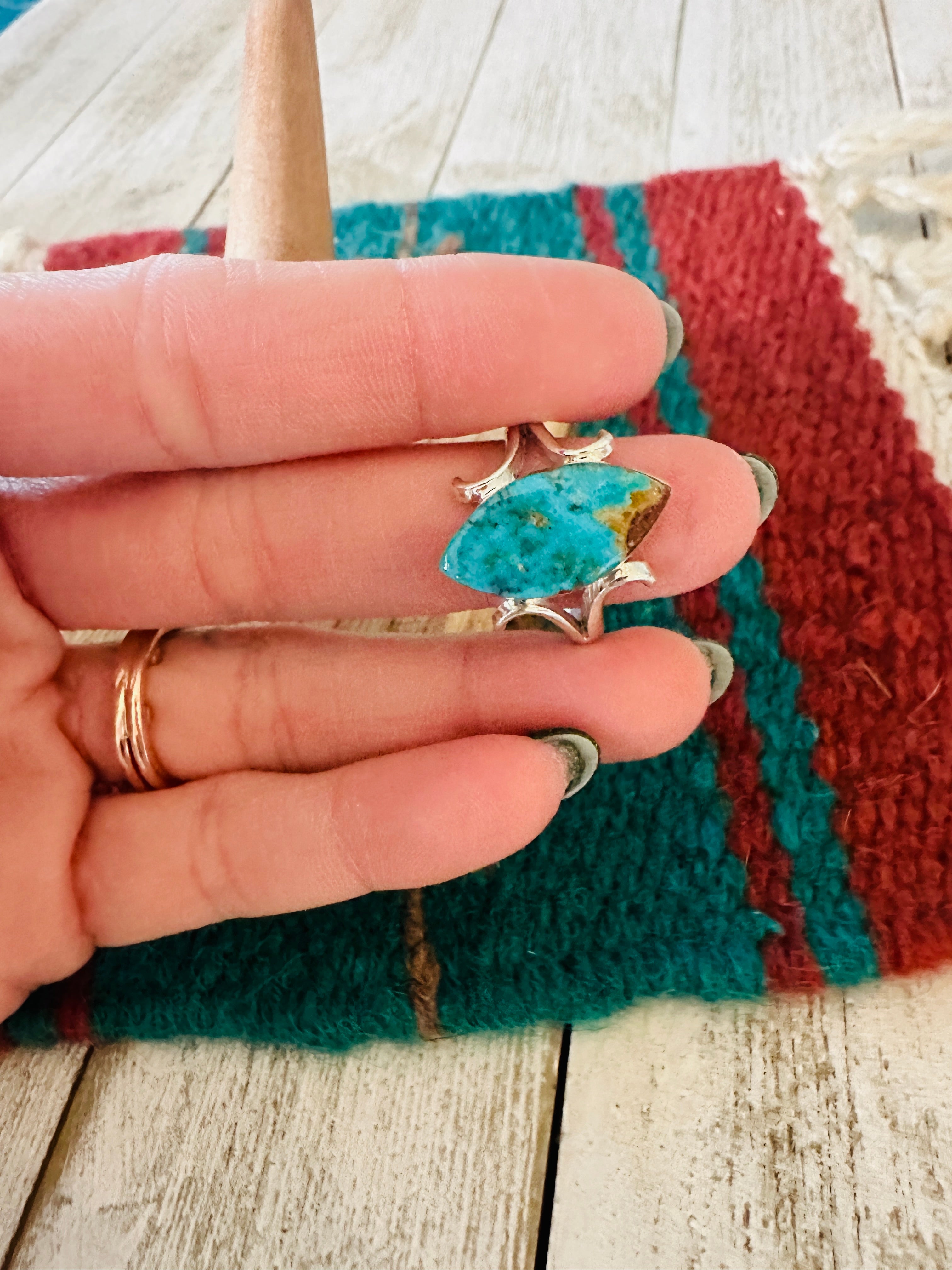 Navajo Sterling Silver And Turquoise Marquise Ring