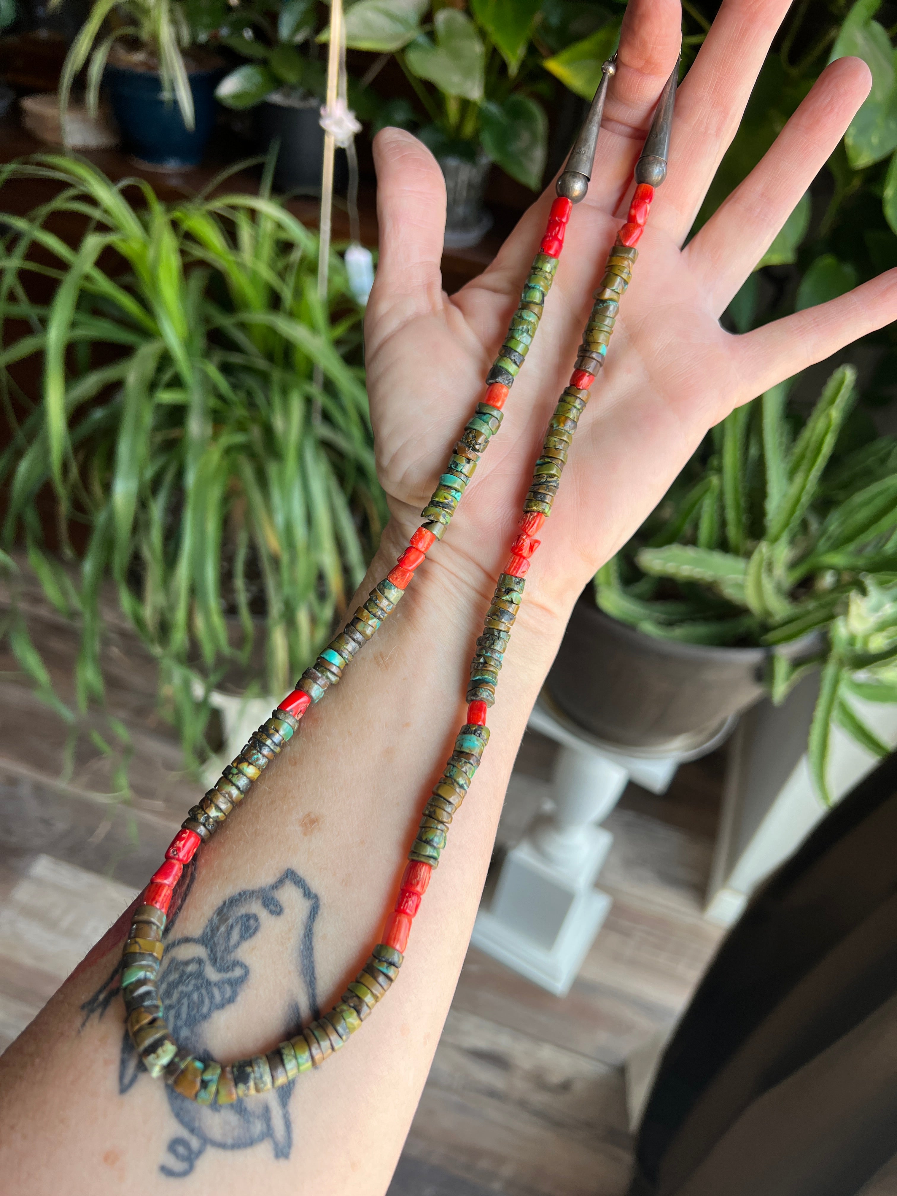 Handcrafted Hubei Turquoise Beaded Necklace with Sterling Silver and Bamboo Coral by Kirby Smith: 13 To Choose From!