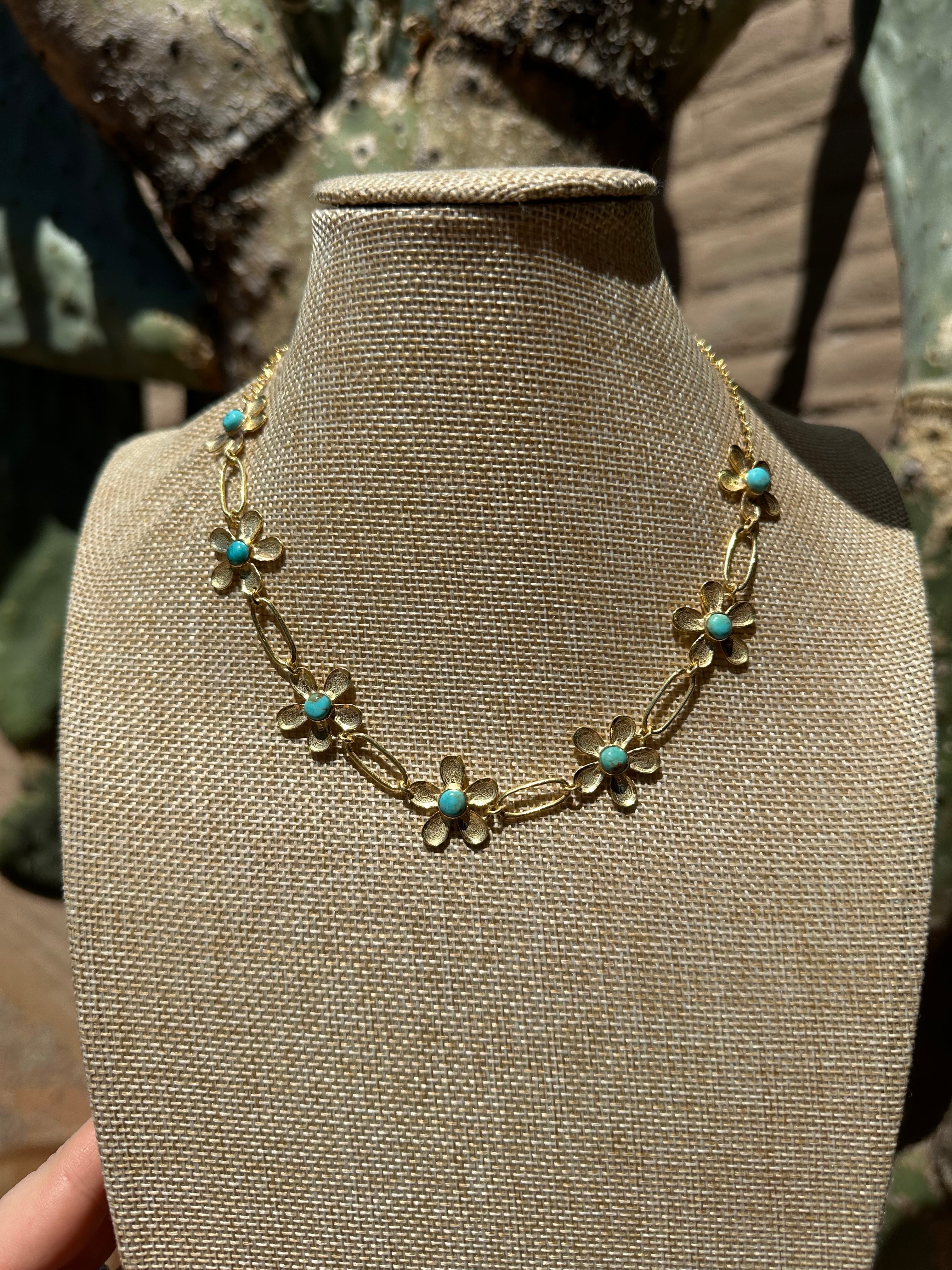 “The Golden Collection” Handmade Natural Turquoise Gold Plated Daisy Link Choker 14-18.5”