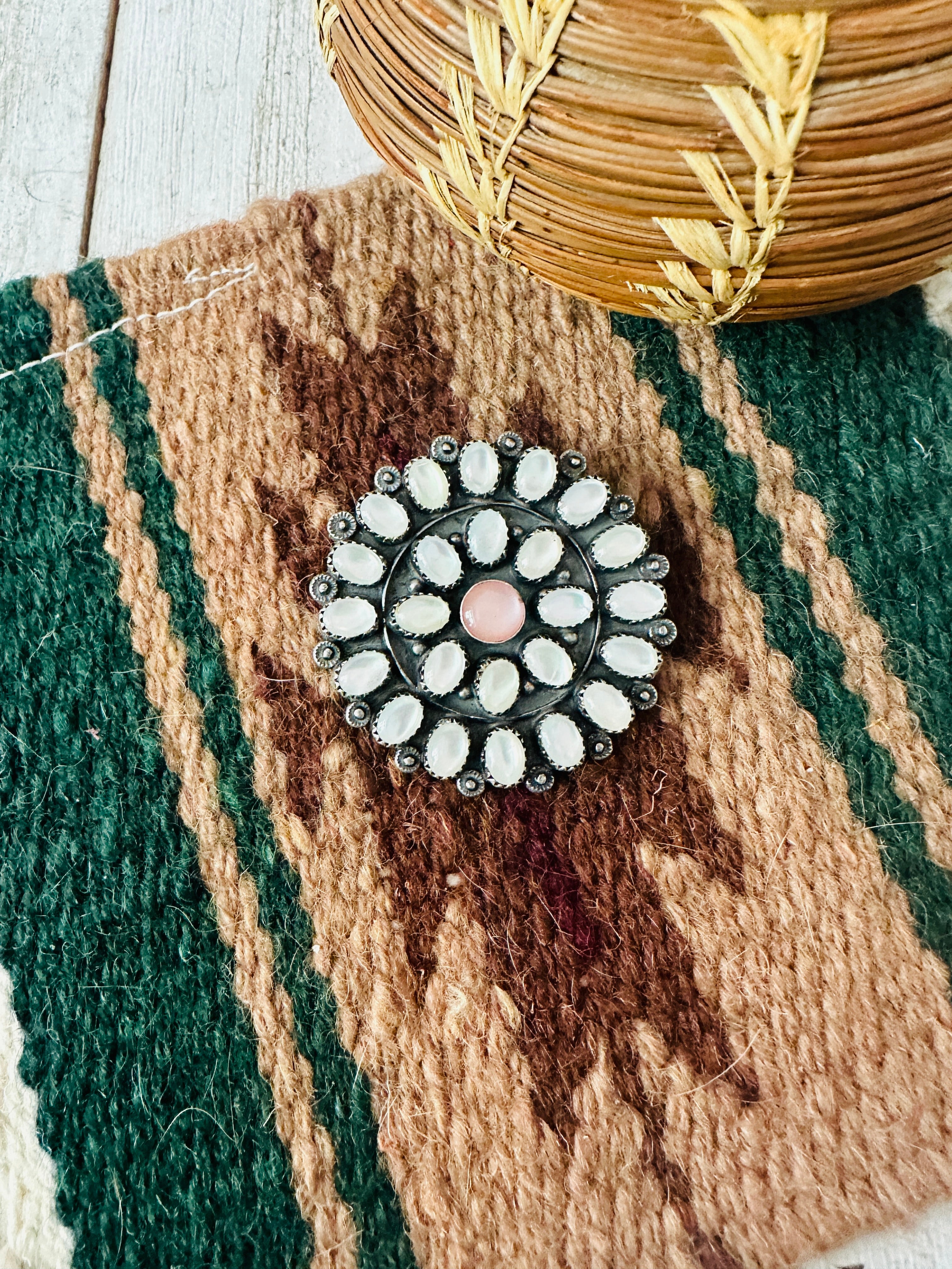 Navajo Mother of Pearl & Sterling Silver Cluster Brooch by Jacqueline Silver