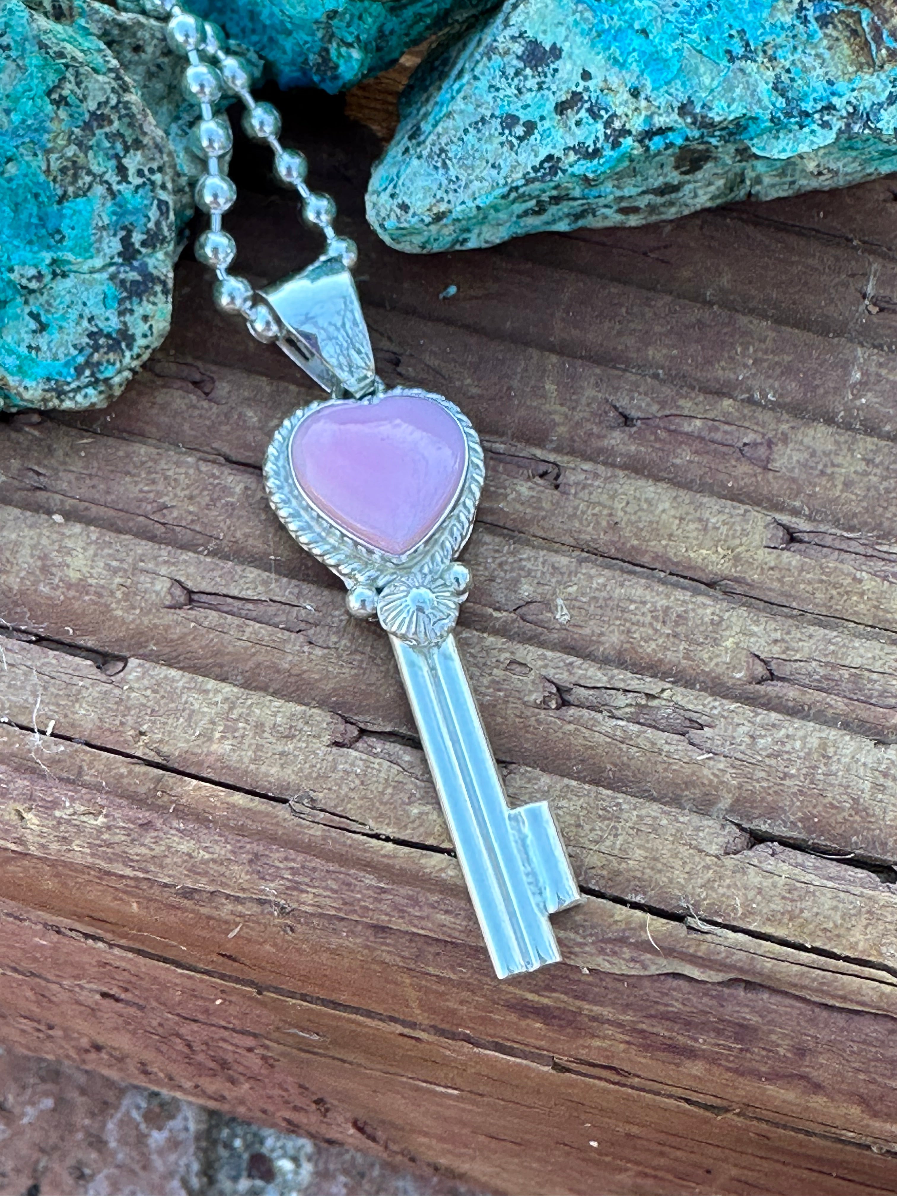 Key To My Heart Navajo Heart Queen Pink Conch & Sterling Silver Pendant Signed