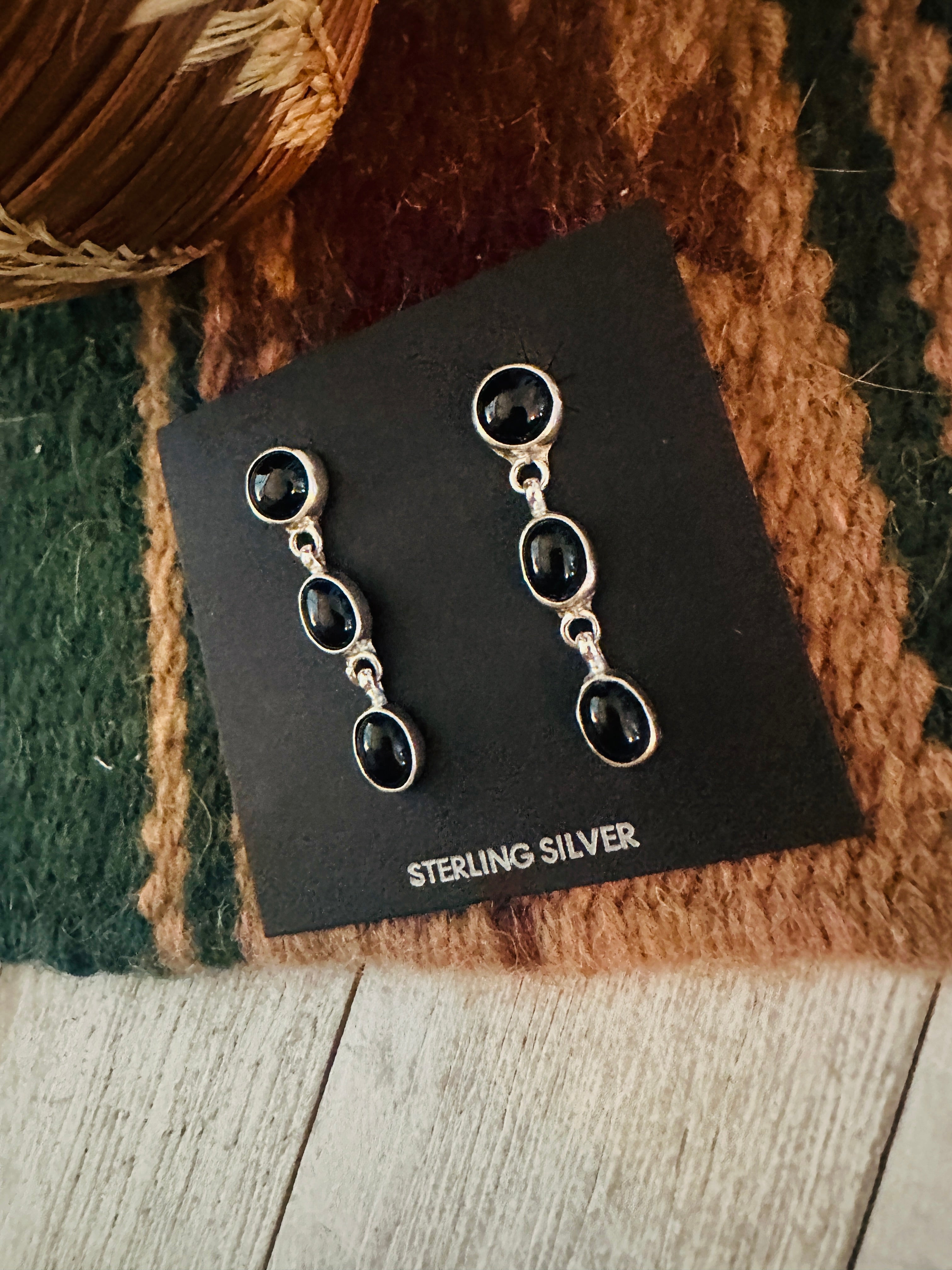 Navajo Onyx & Sterling Silver Dangle Earrings