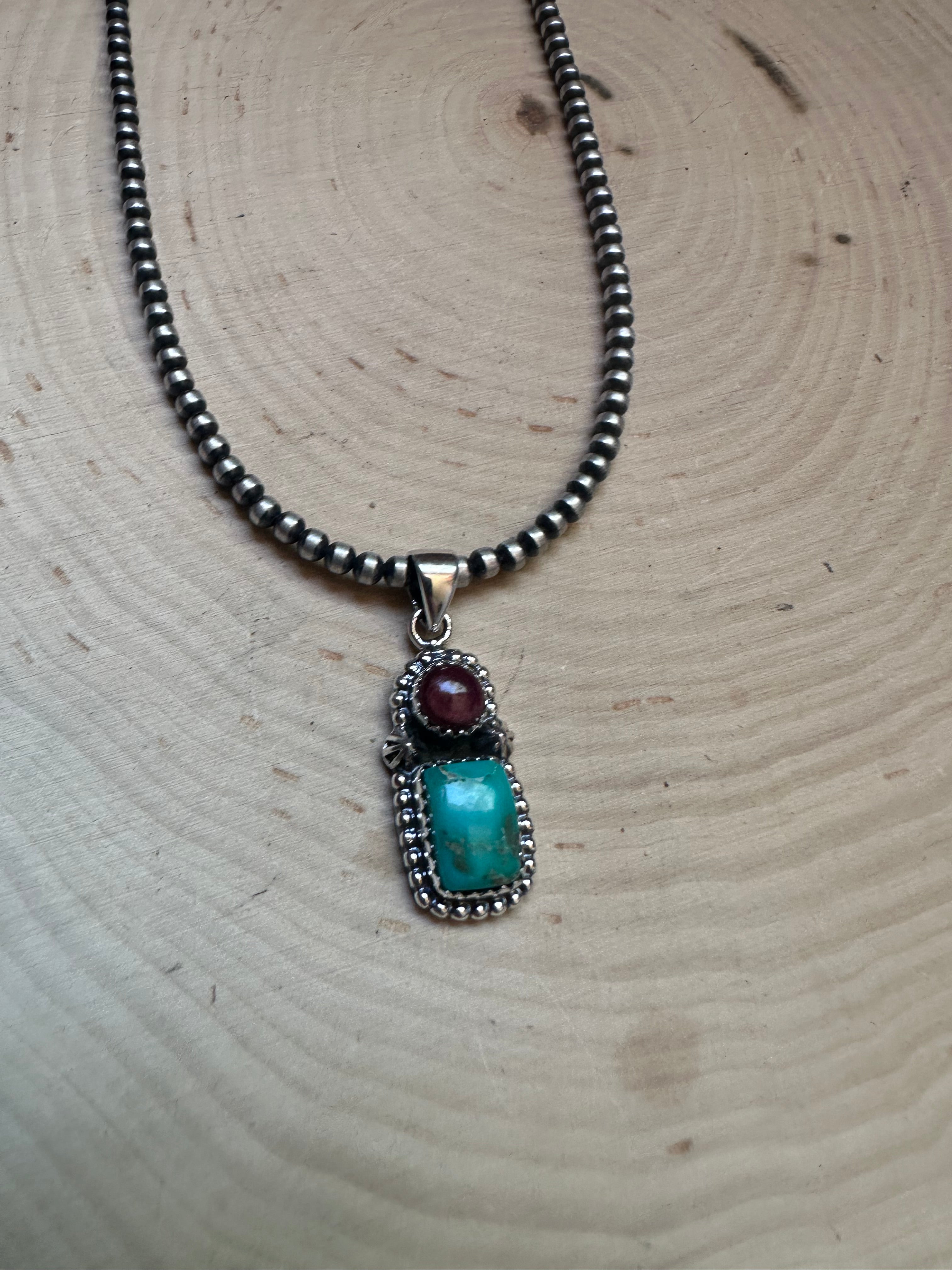 Handmade Purple Spiny, Sonoran Turquoise & Sterling Silver 2 Stone Pendant Signed Nizhoni