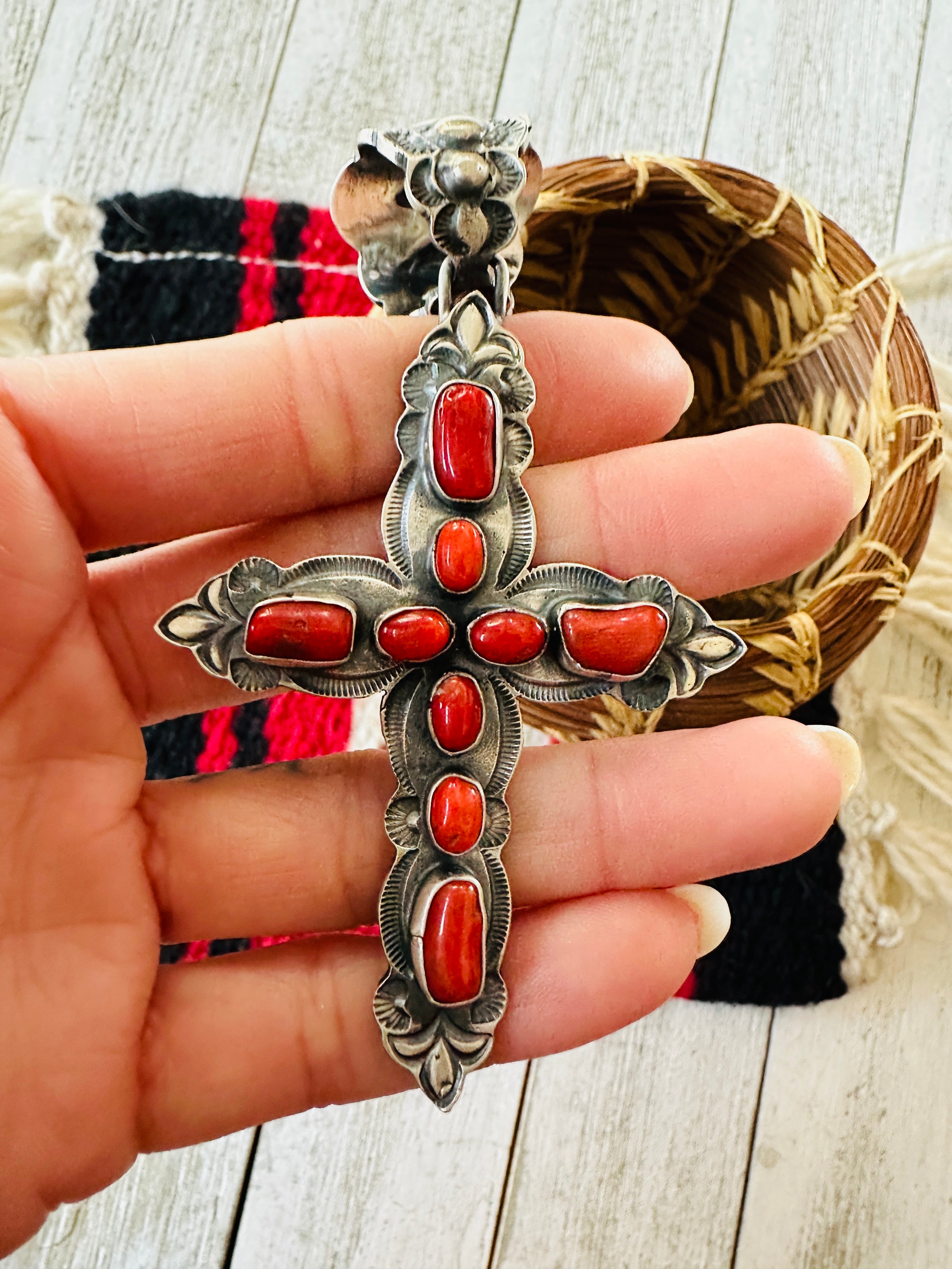 Navajo Sterling Silver & Coral Cross Pendant by Shawn Cayatineto