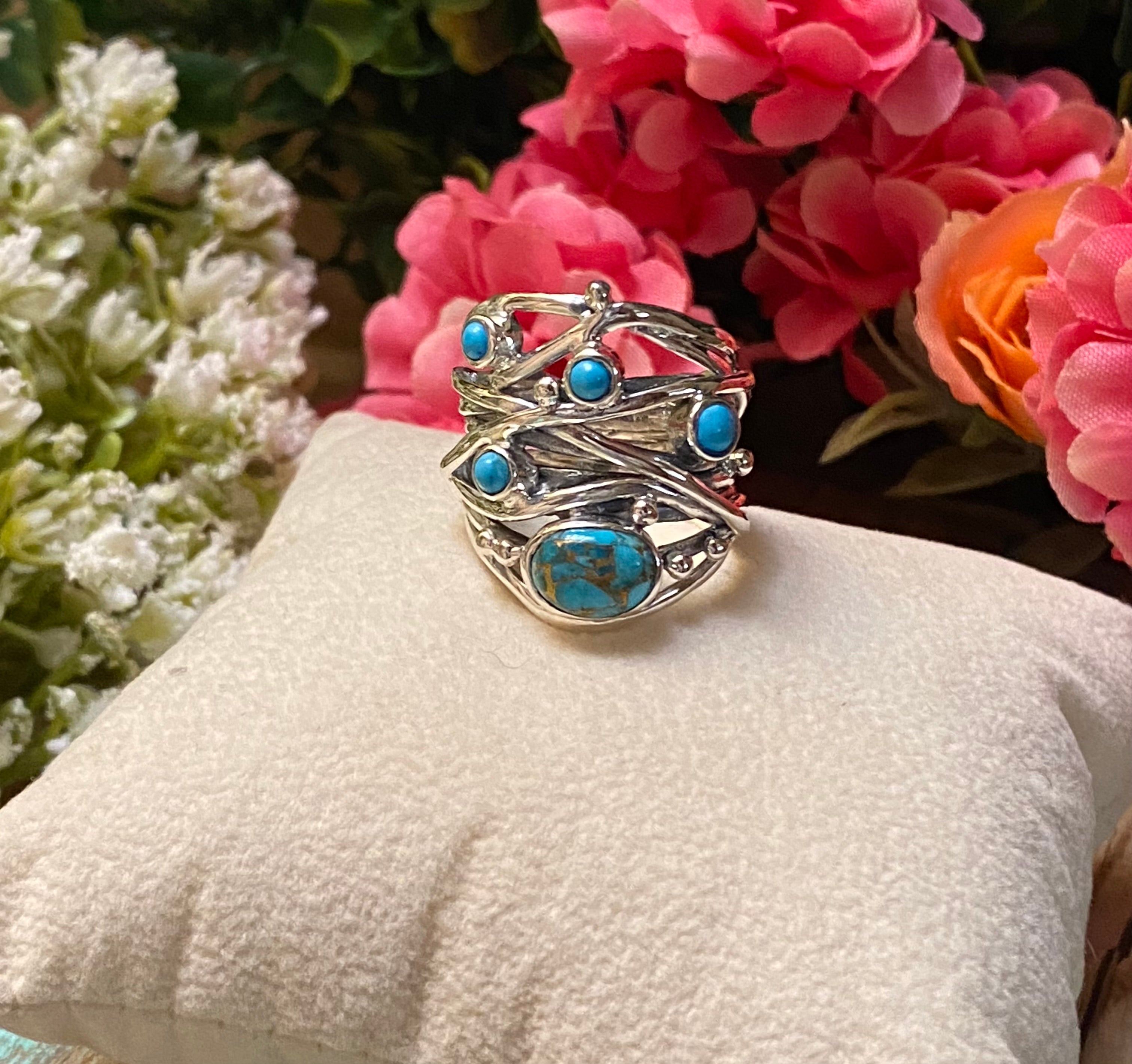 Sterling Silver Five Stone Copper Turquoise Strand Ring Size 9.5