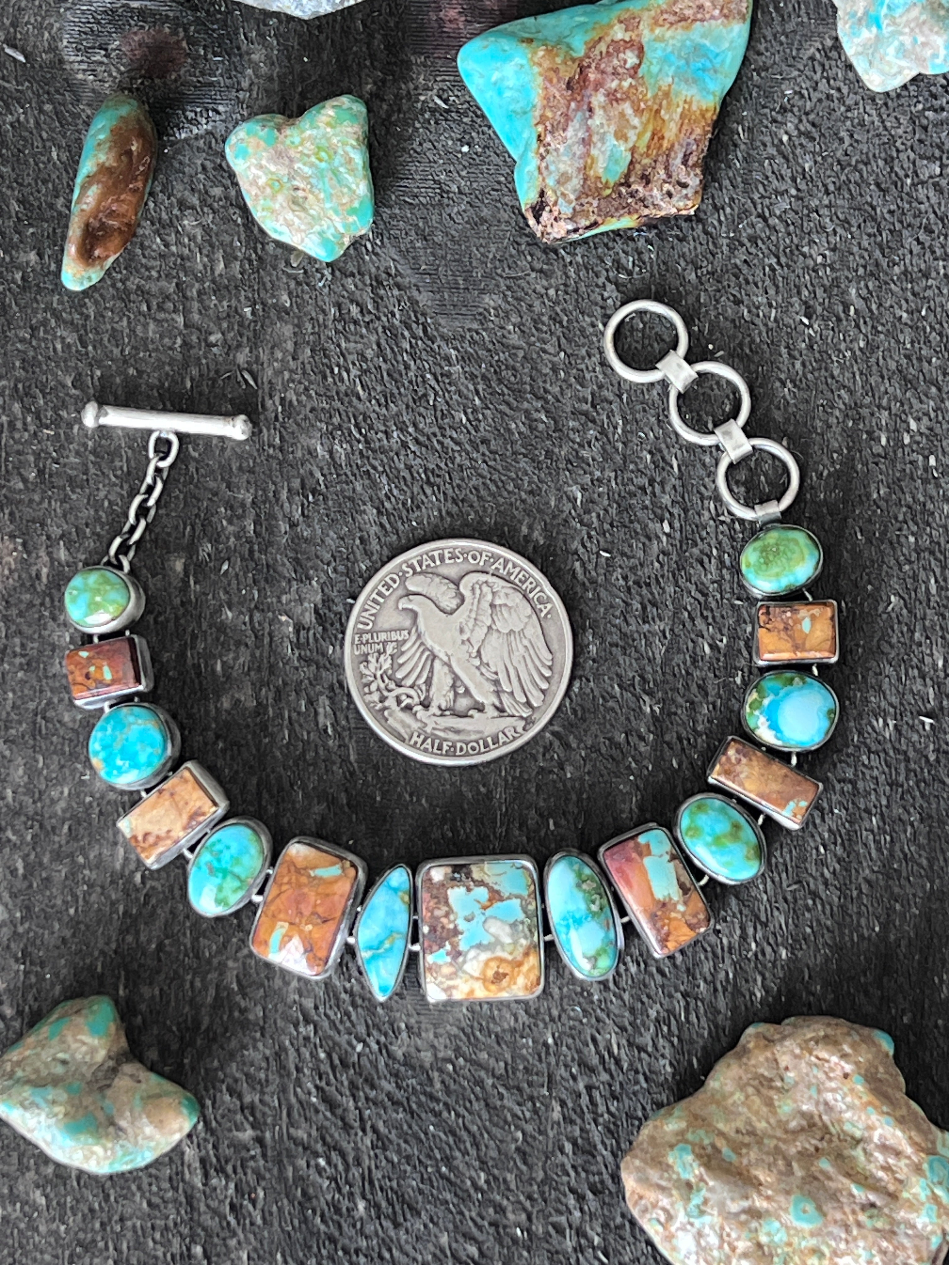 Loretta Delgarito Sterling Silver, Sonoran Mountain & Royston Ribbon Turquoise Link Bracelet
