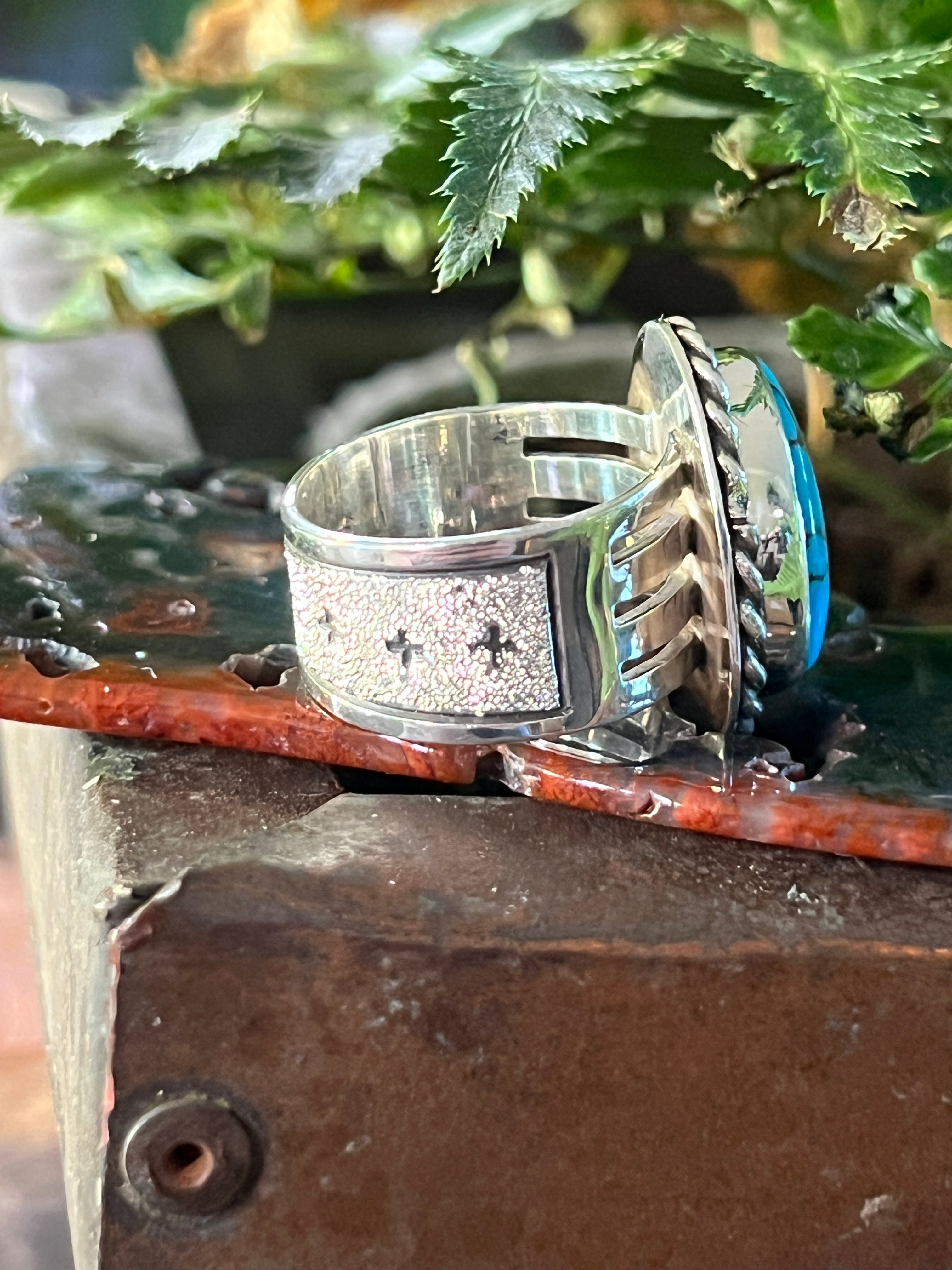 Handcrafted Sterling Silver and Egyptian Turquoise Single Stone Ring by Shaun Rogers, Size 9.5