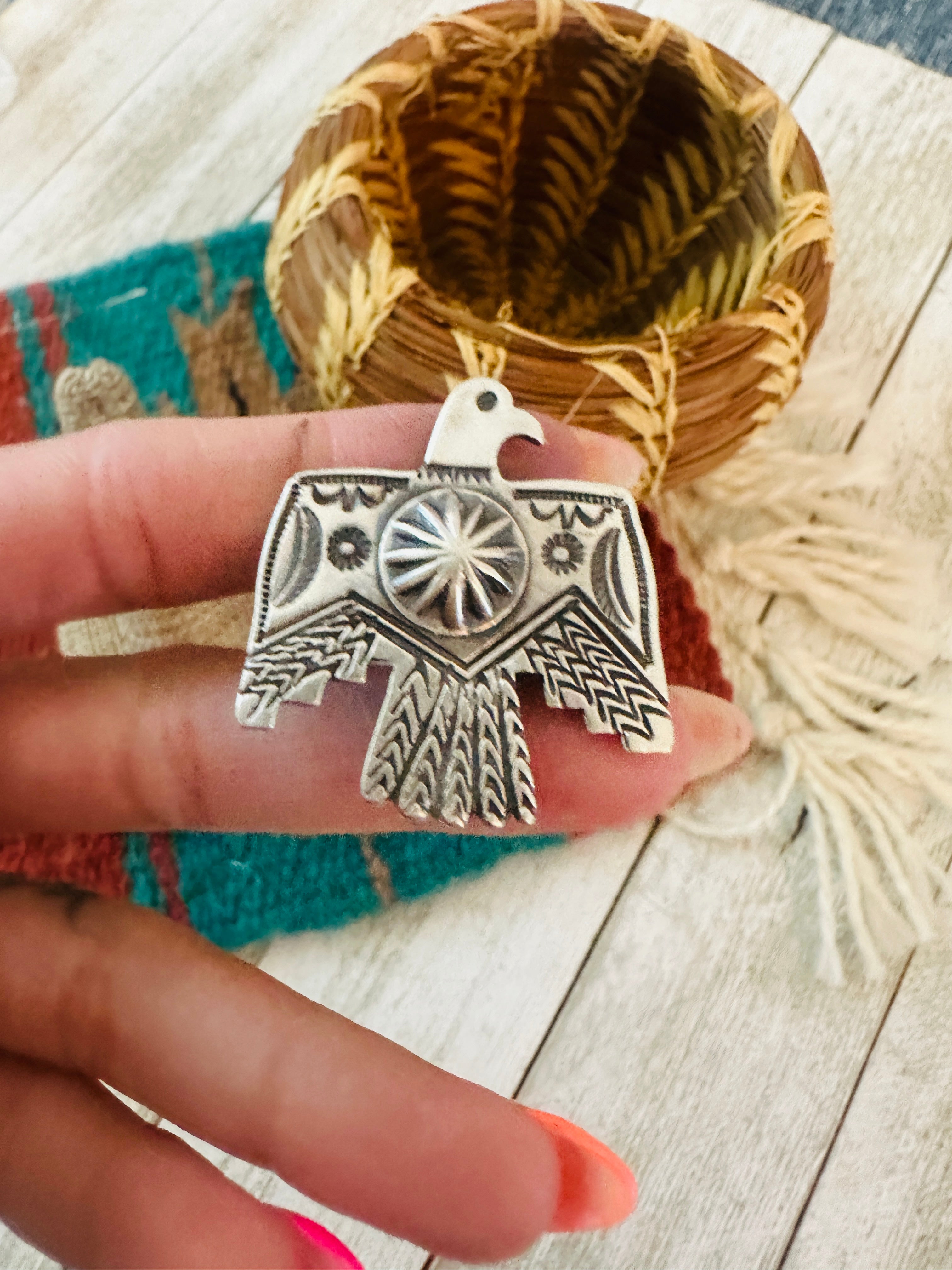 Handcrafted Hand Stamped Sterling Silver Thunderbird Adjustable Ring by Leroy James