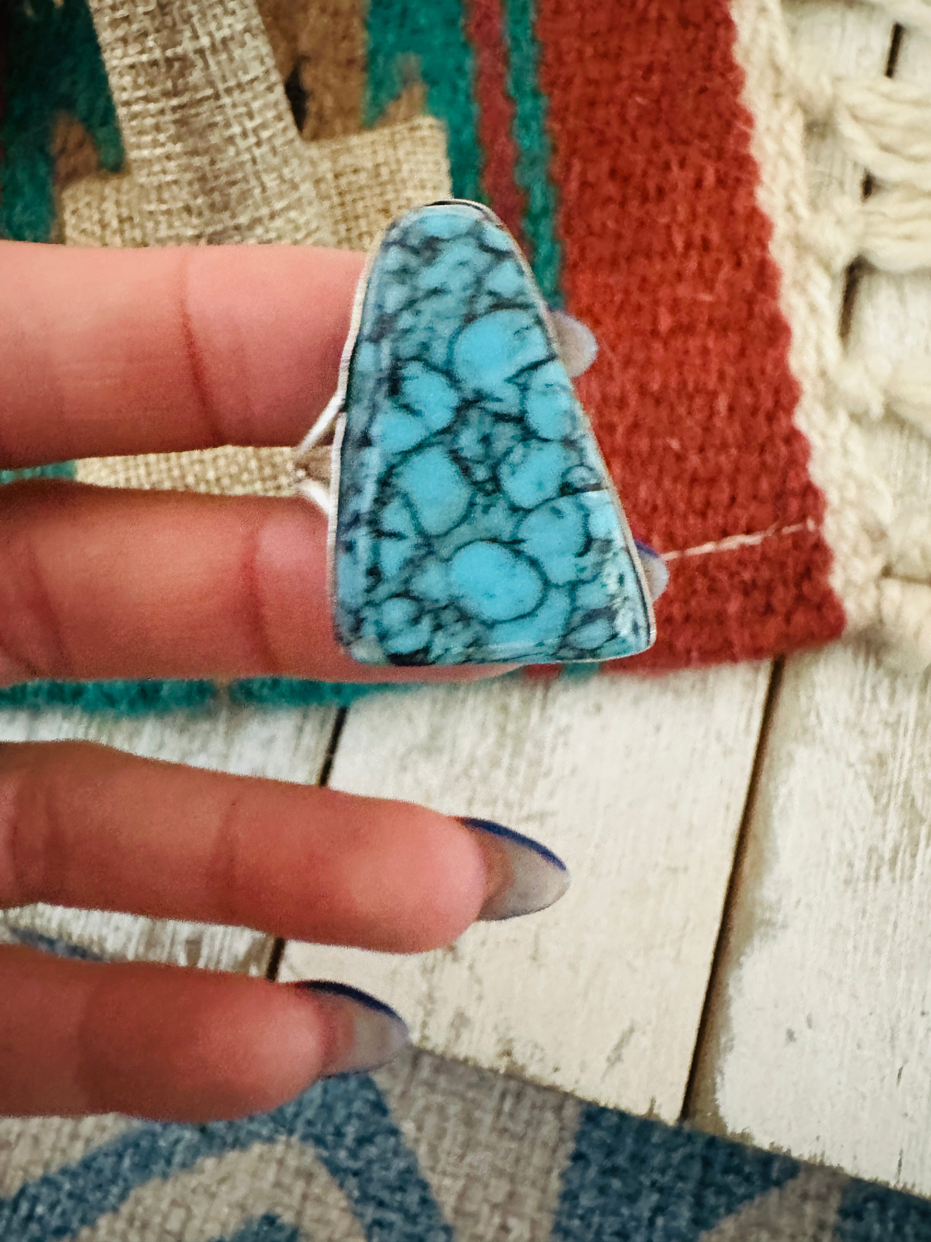 Handcrafted Old Pawn Sterling Silver & Turquoise Ring Size 9