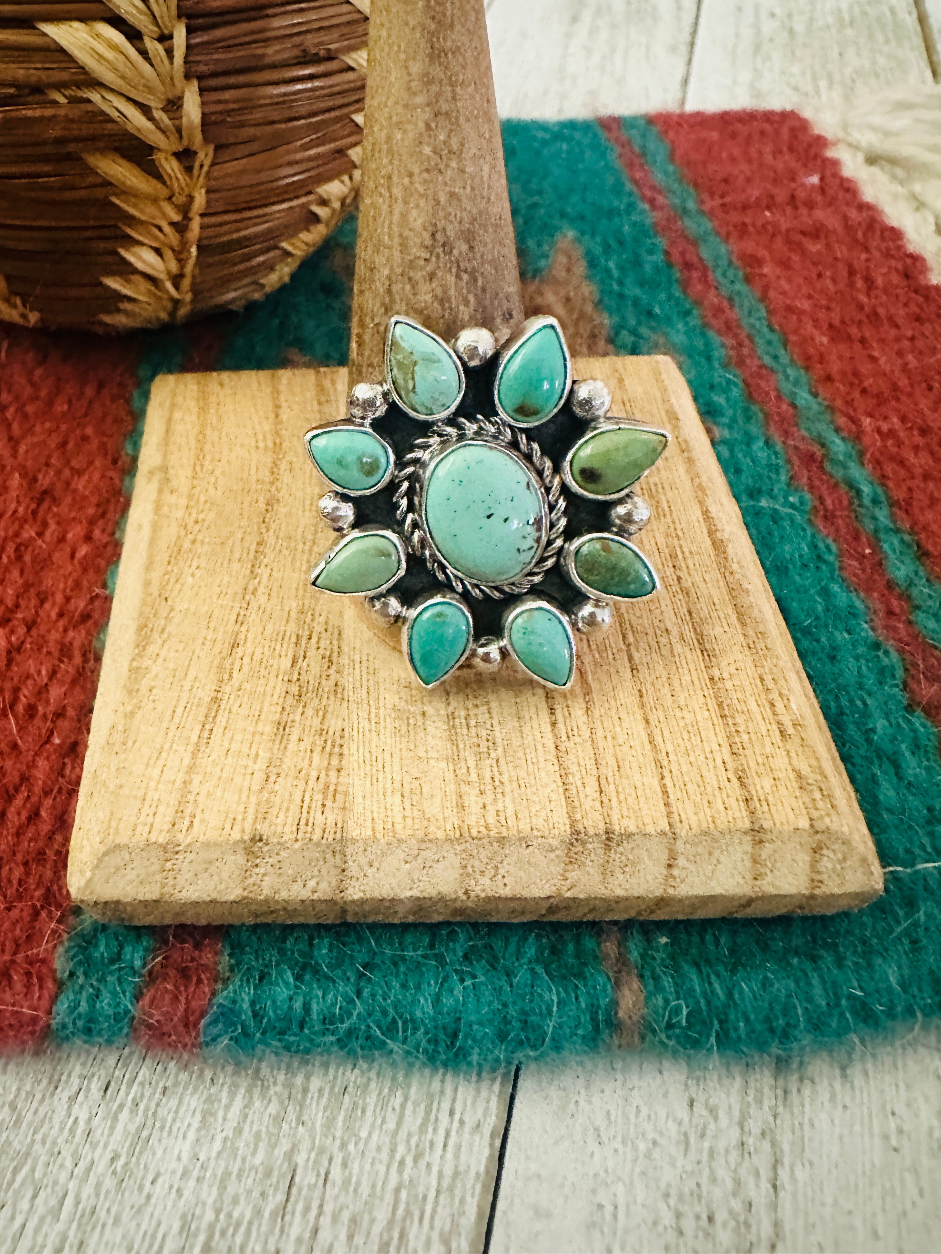 Navajo Sterling Silver & Turquoise Cluster Adjustable Ring