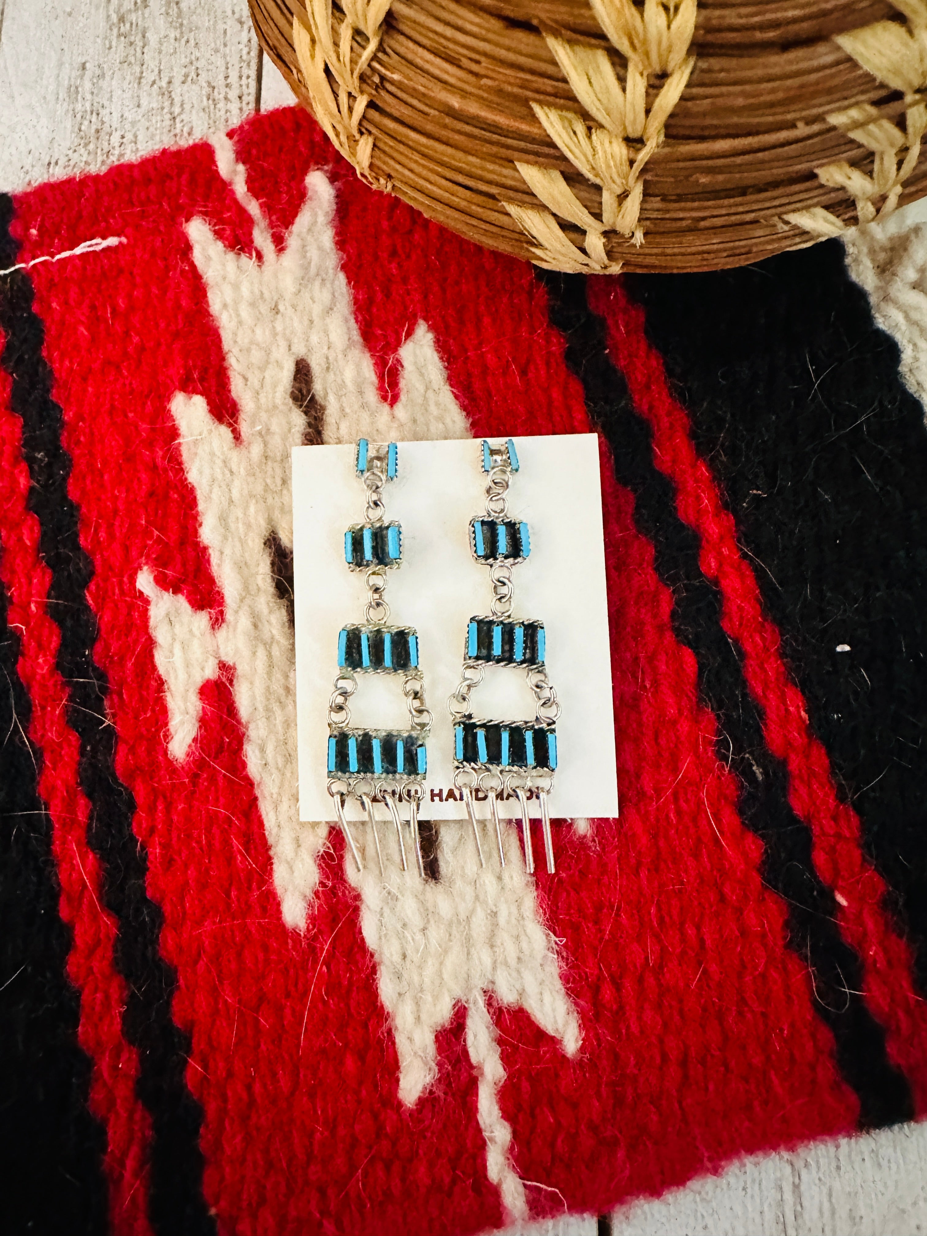 Zuni Turquoise & Sterling Silver Needlepoint Dangle Earrings