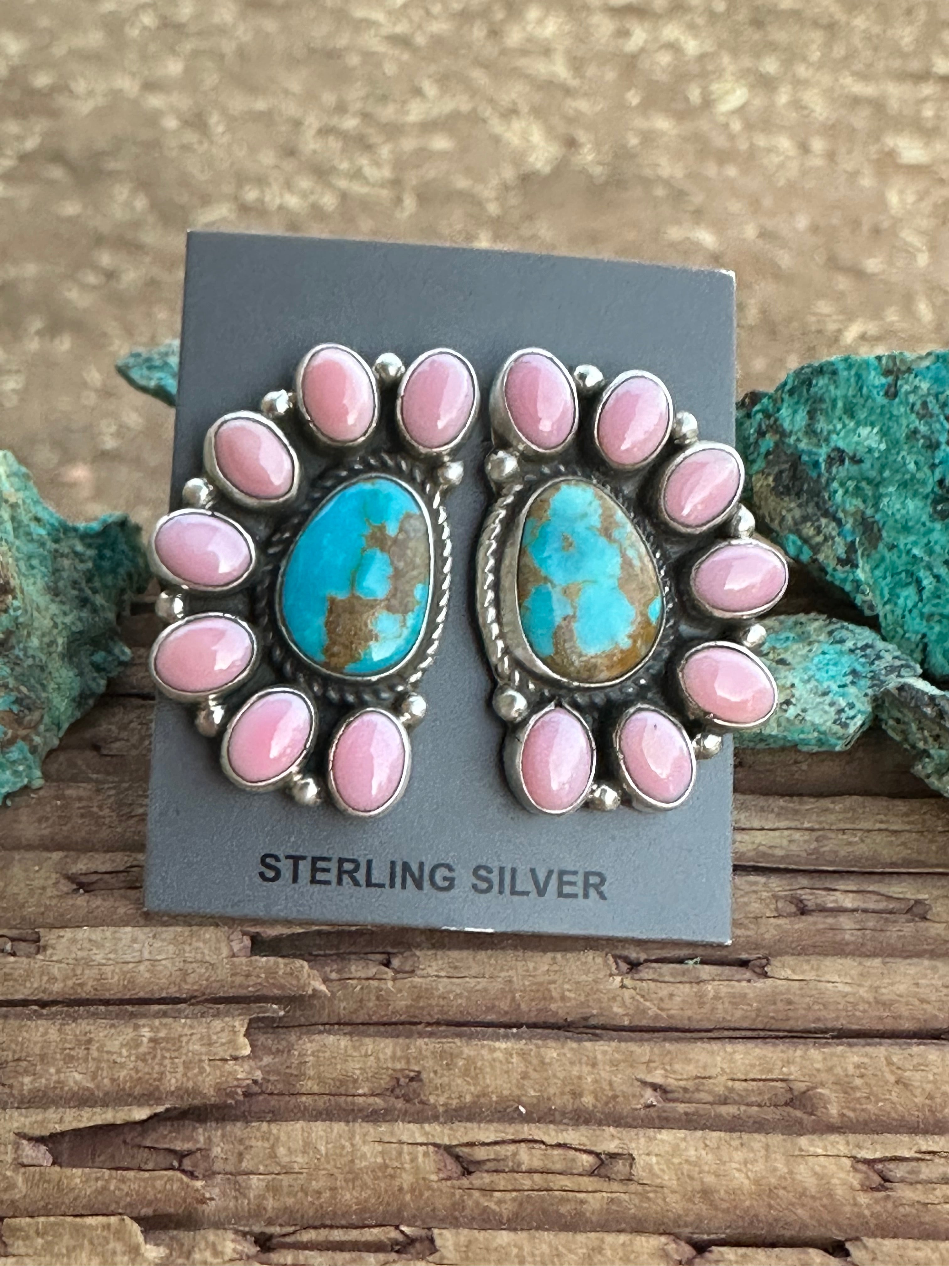 Navajo Queen Pink Conch & Turquoise Sterling Silver Cluster Stud Earrings