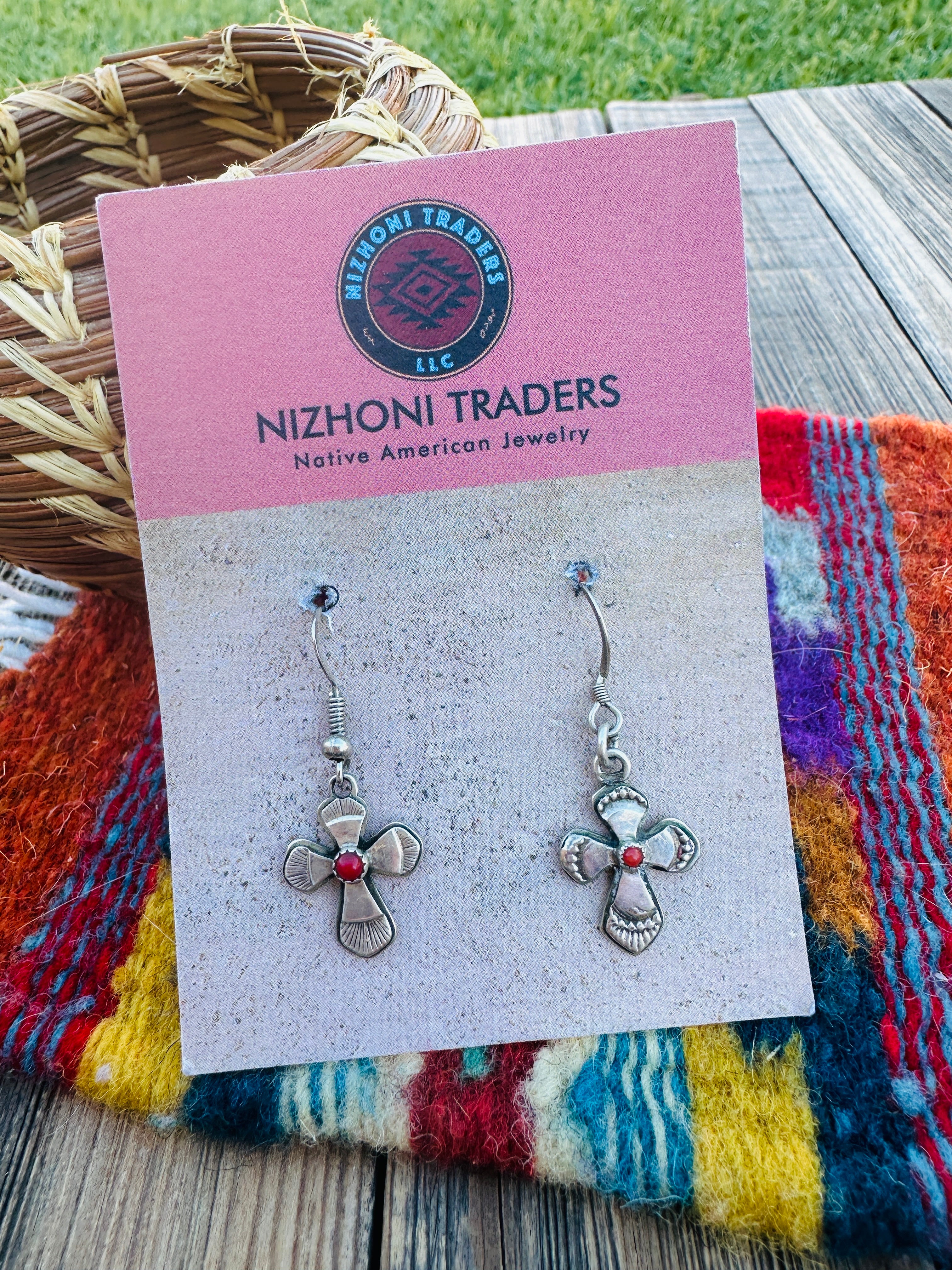 Old Pawn Vintage Handcrafted Coral & Sterling Silver Cross Dangle Earrings