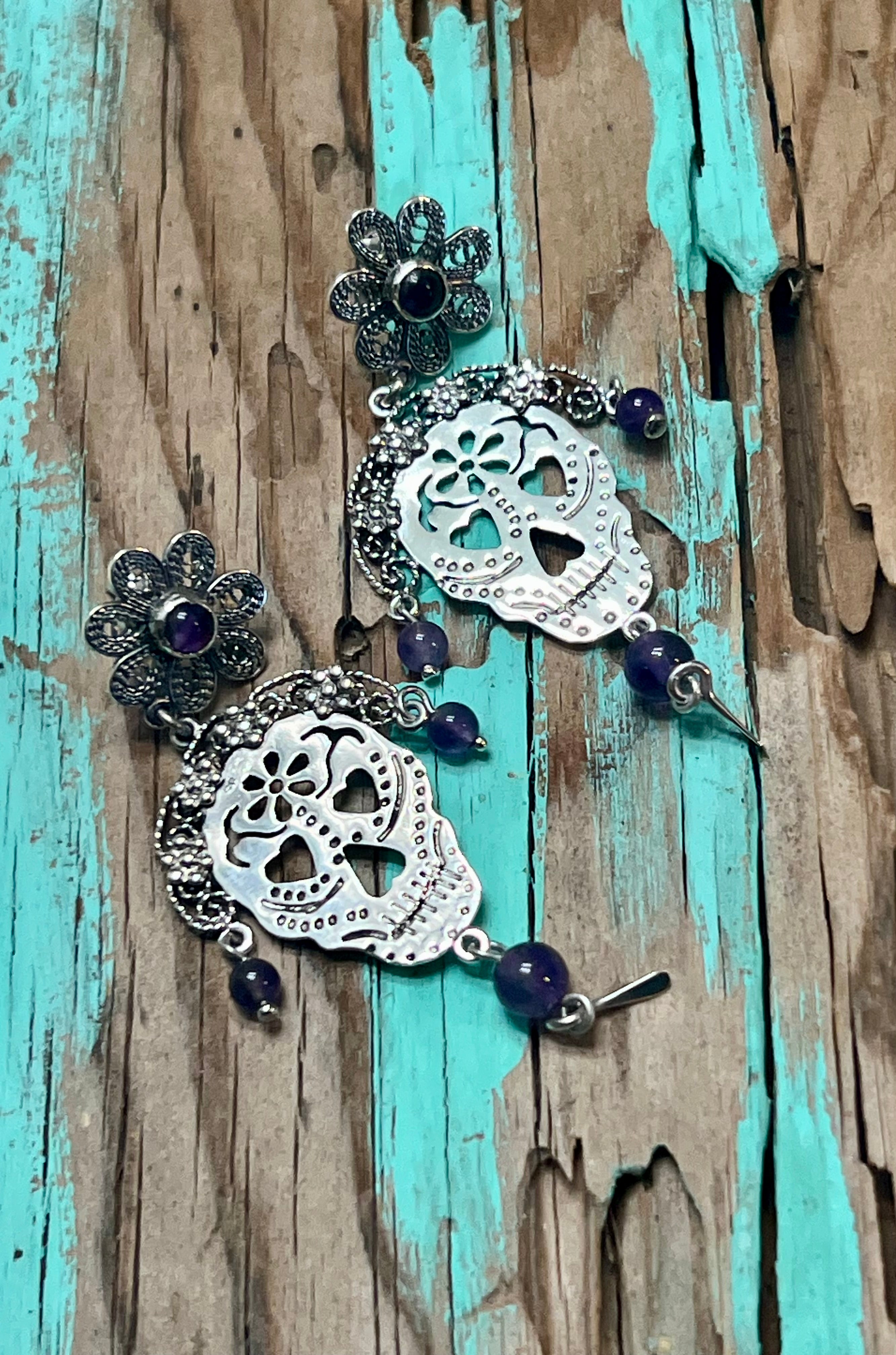 Sugar Skull with Purple Amethyst Sterling Silver Earrings