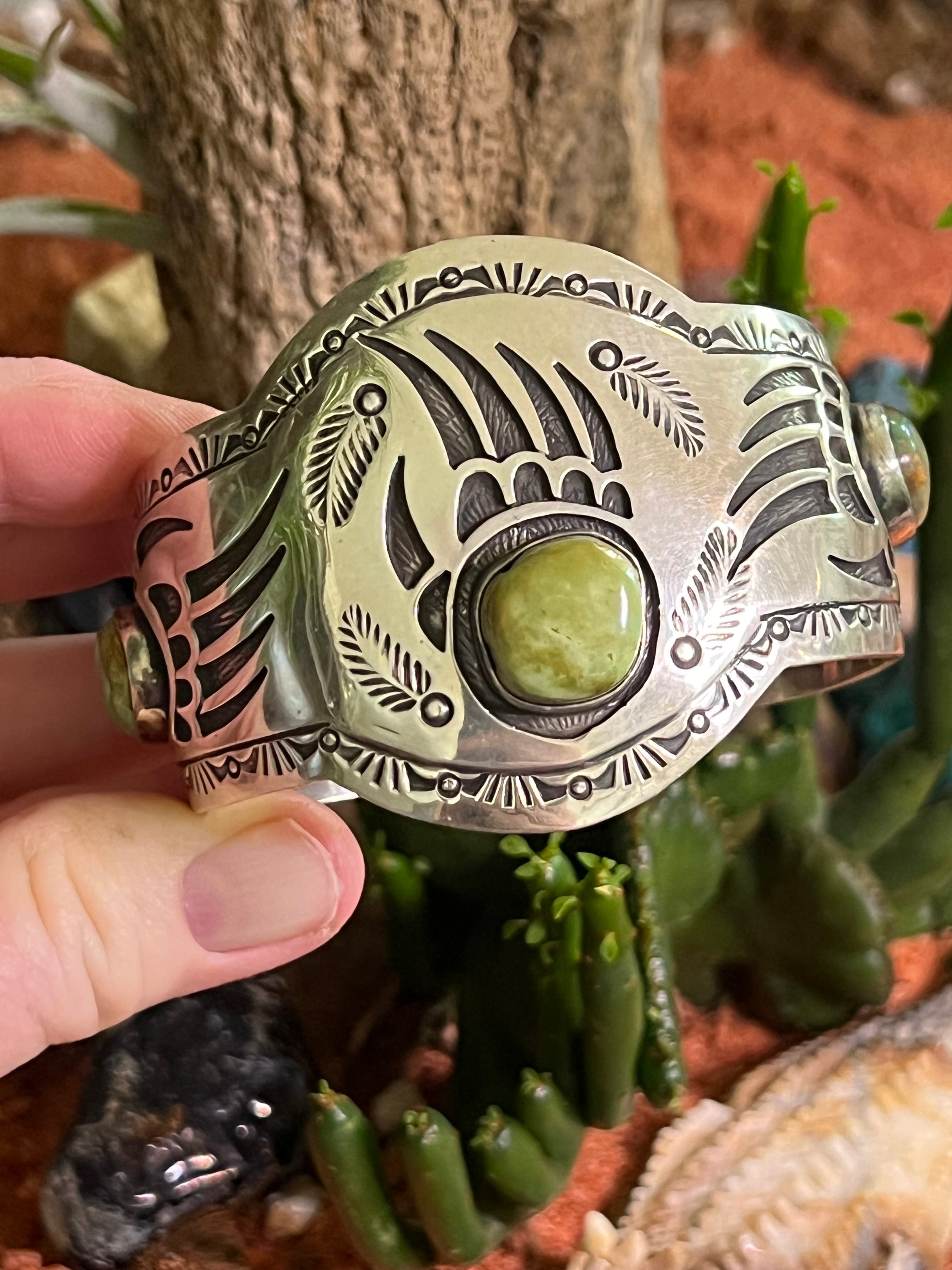 Handcrafted Old Pawn Sterling Silver and Royston Turquoise Overlay Bear Paw Cuff Bracelet by Charlie Bowie /