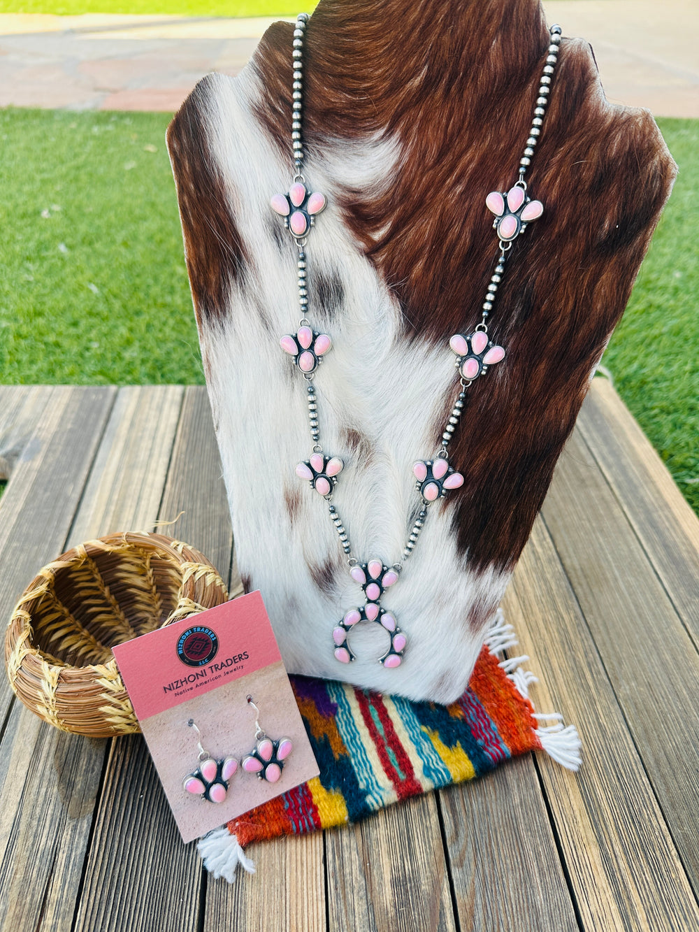 Handcrafted Queen Pink Conch & Sterling Silver Naja Necklace and Earring Set