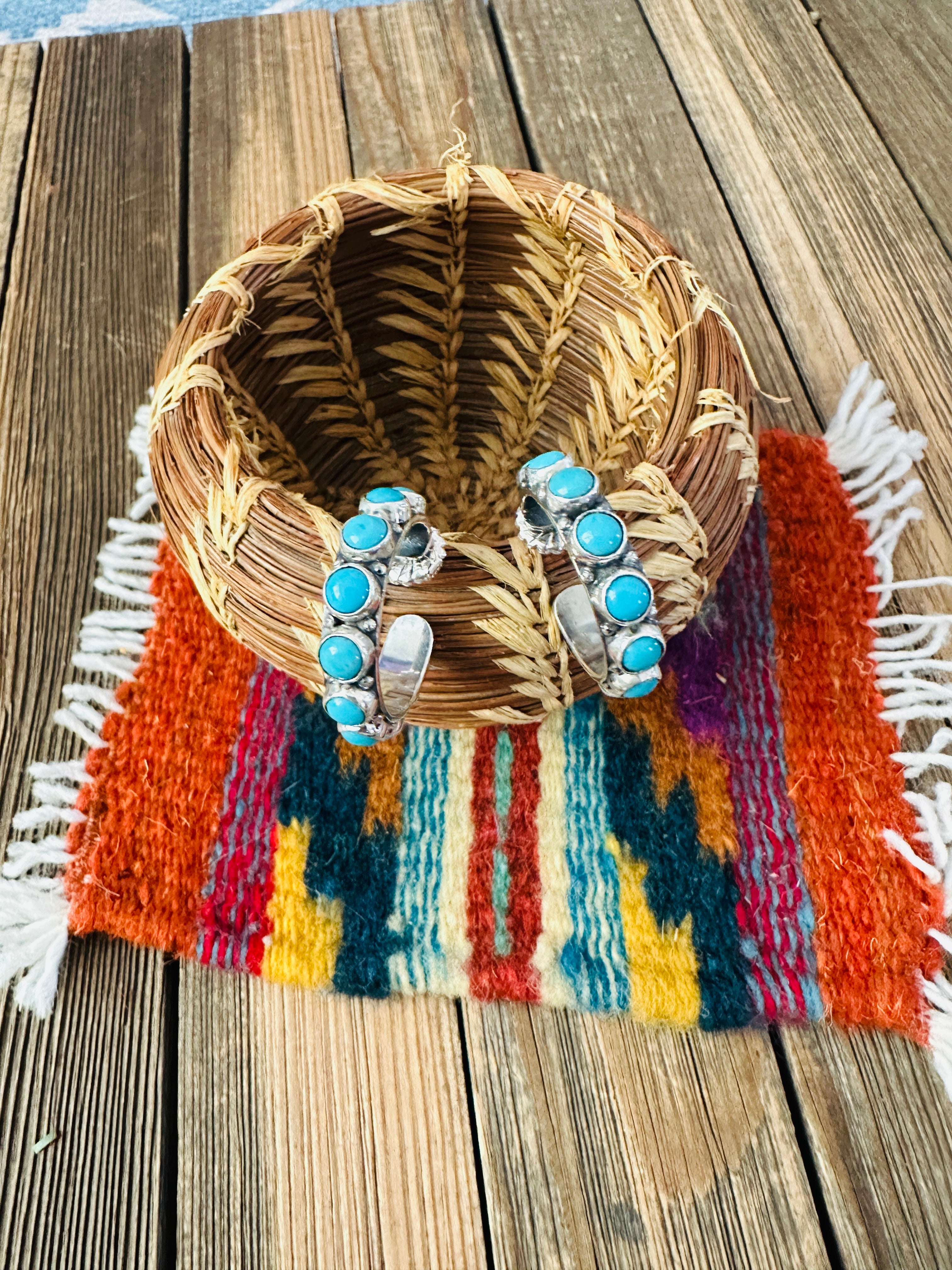 Handcrafted Turquoise & Sterling Silver Hoop Earrings by Federico Jimenez