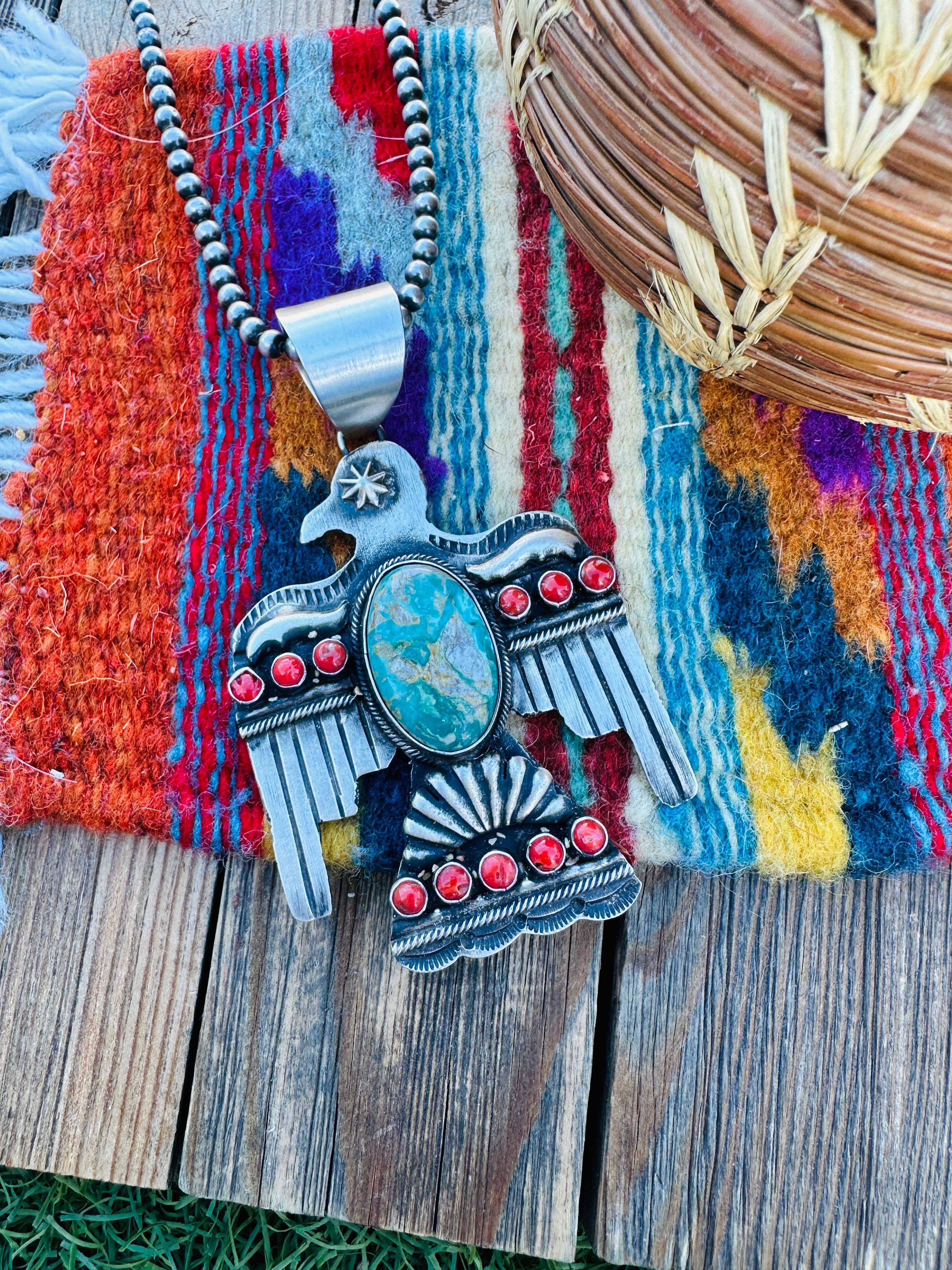 Handcrafted Turquoise, Coral & Sterling Silver Thunderbird Pendant by Richard Yazzie