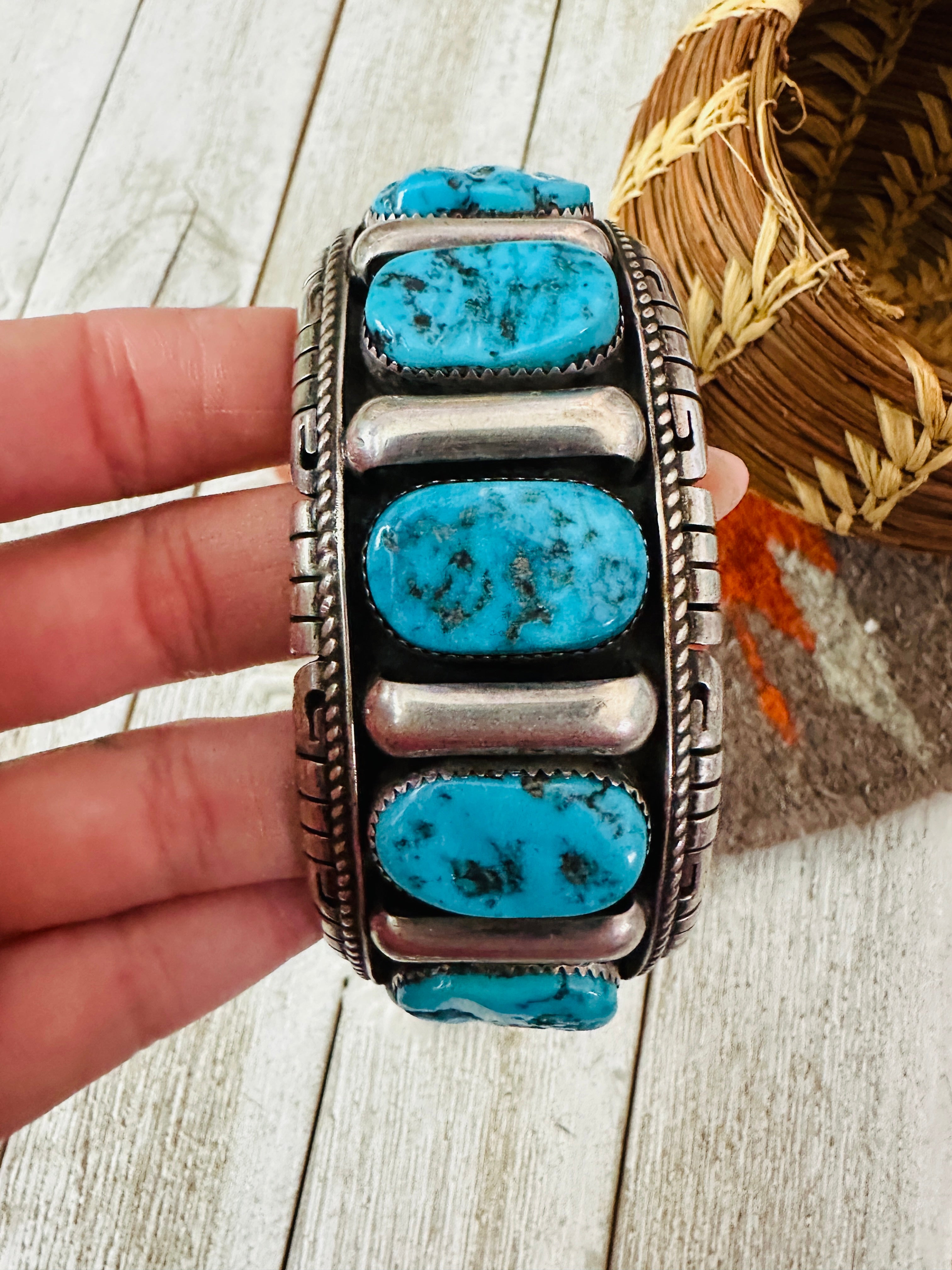 Handcrafted Old Pawn Kingman Turquoise Cluster & Sterling Silver Cuff Bracelet by Richard Hoskie /