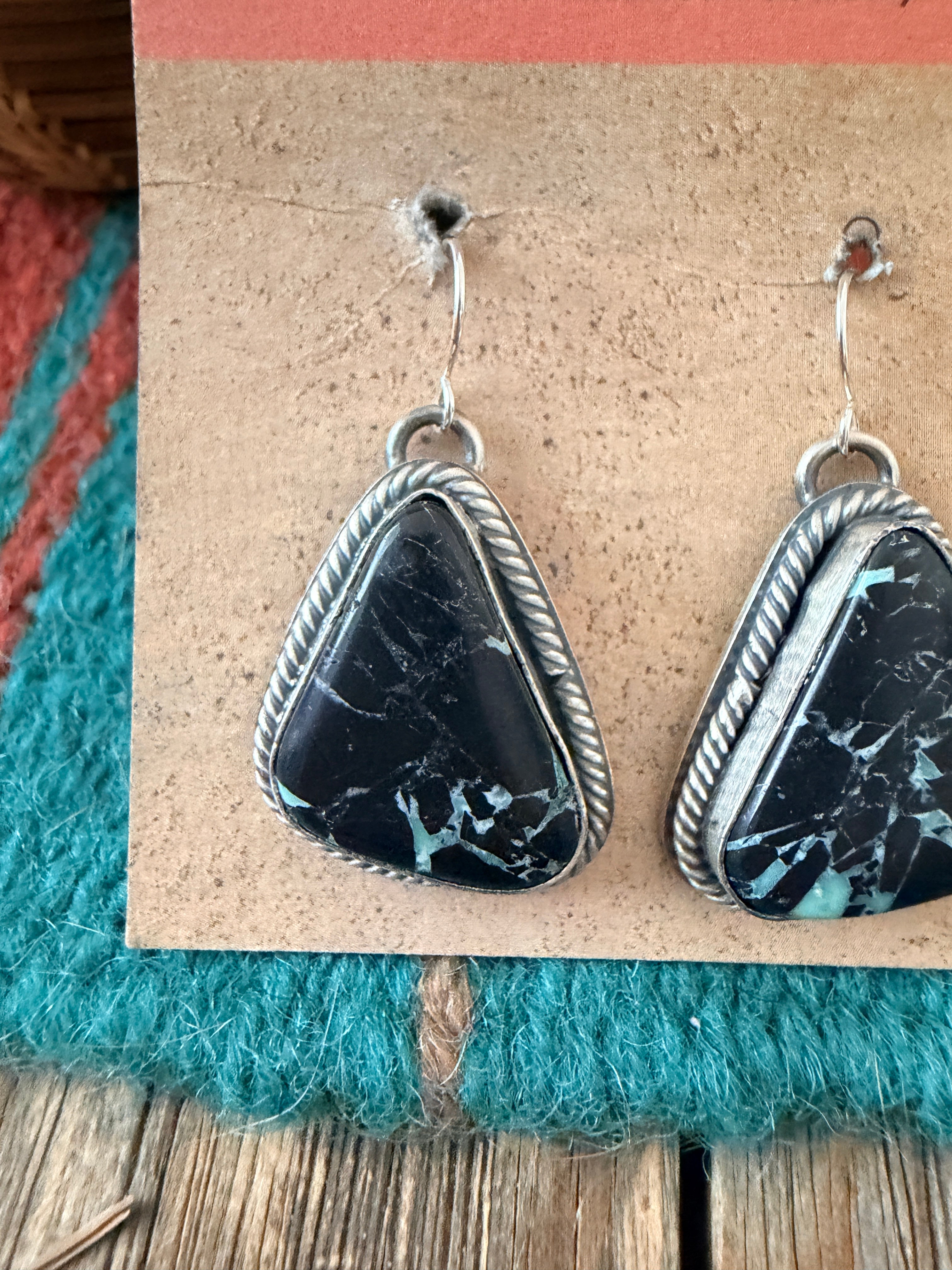 Handcrafted Sterling Silver & Blackjack Turquoise Dangle Earrings