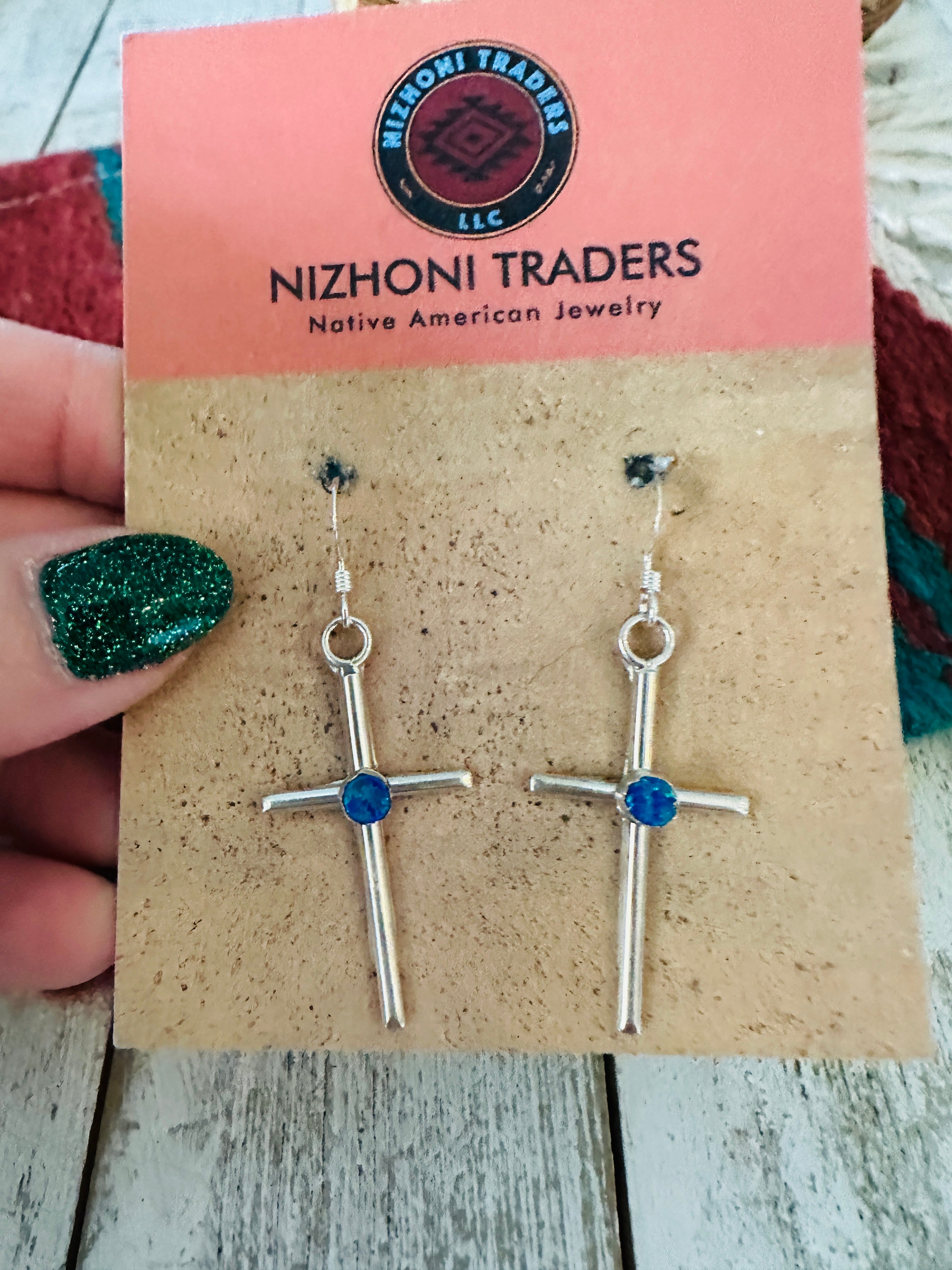 Navajo Sterling Silver & Blue Opal Cross Dangle Earrings