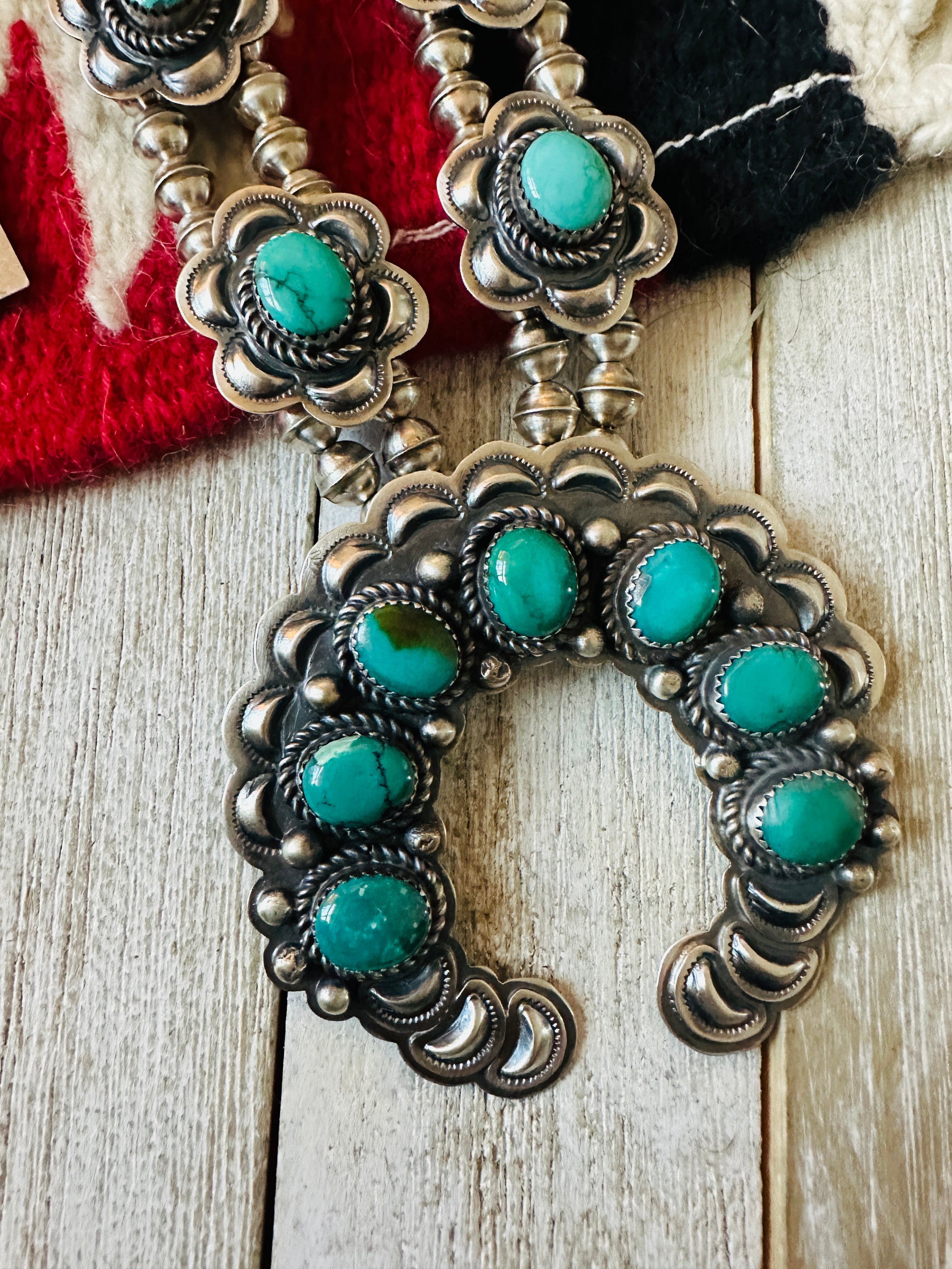 Vintage Old Pawn Navajo Turquoise & Sterling Silver Beaded Squash Blossom Necklace Set