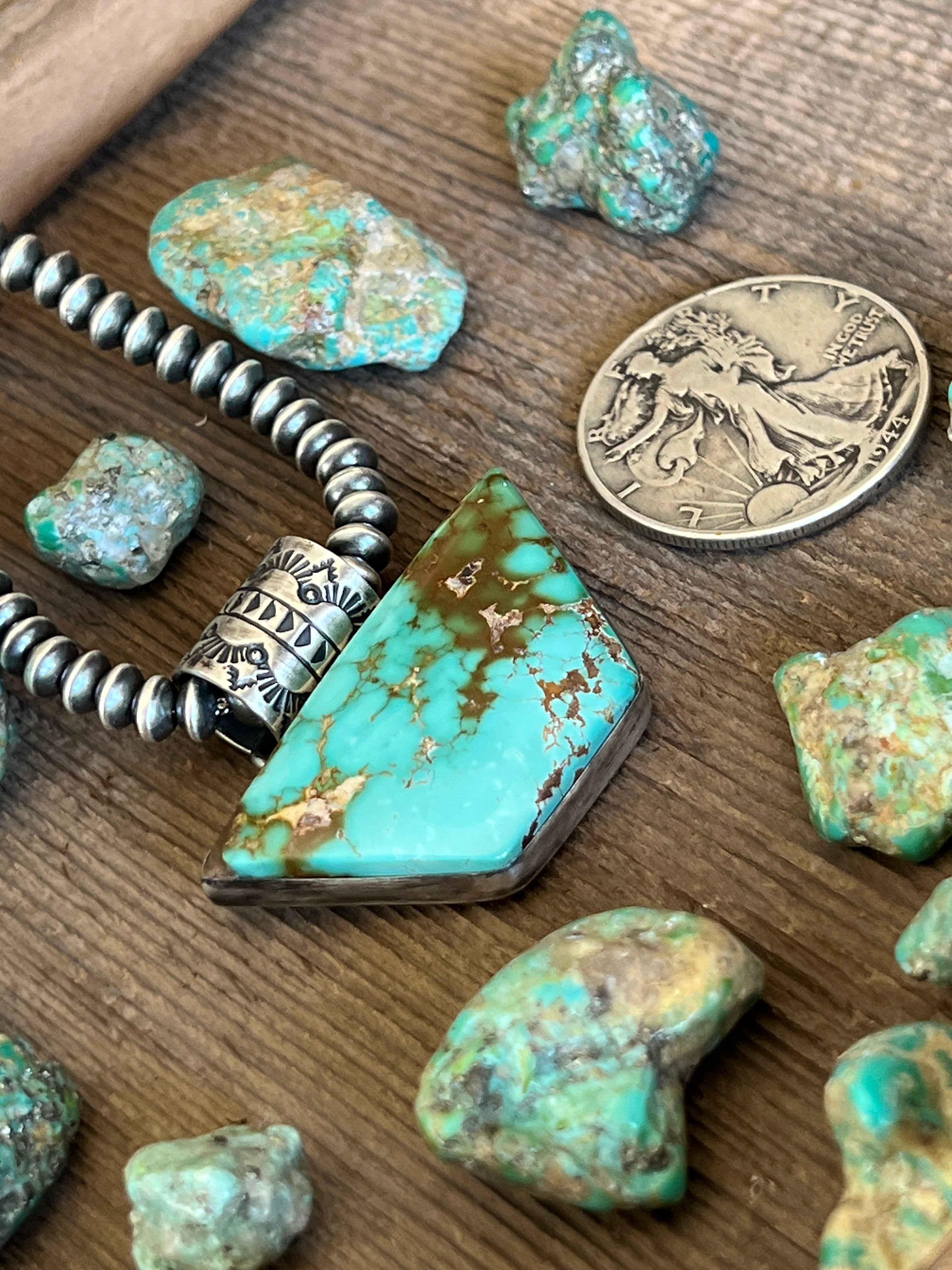 Handcrafted Sterling Silver and Royston Turquoise Solo Pendant by Angela Martin