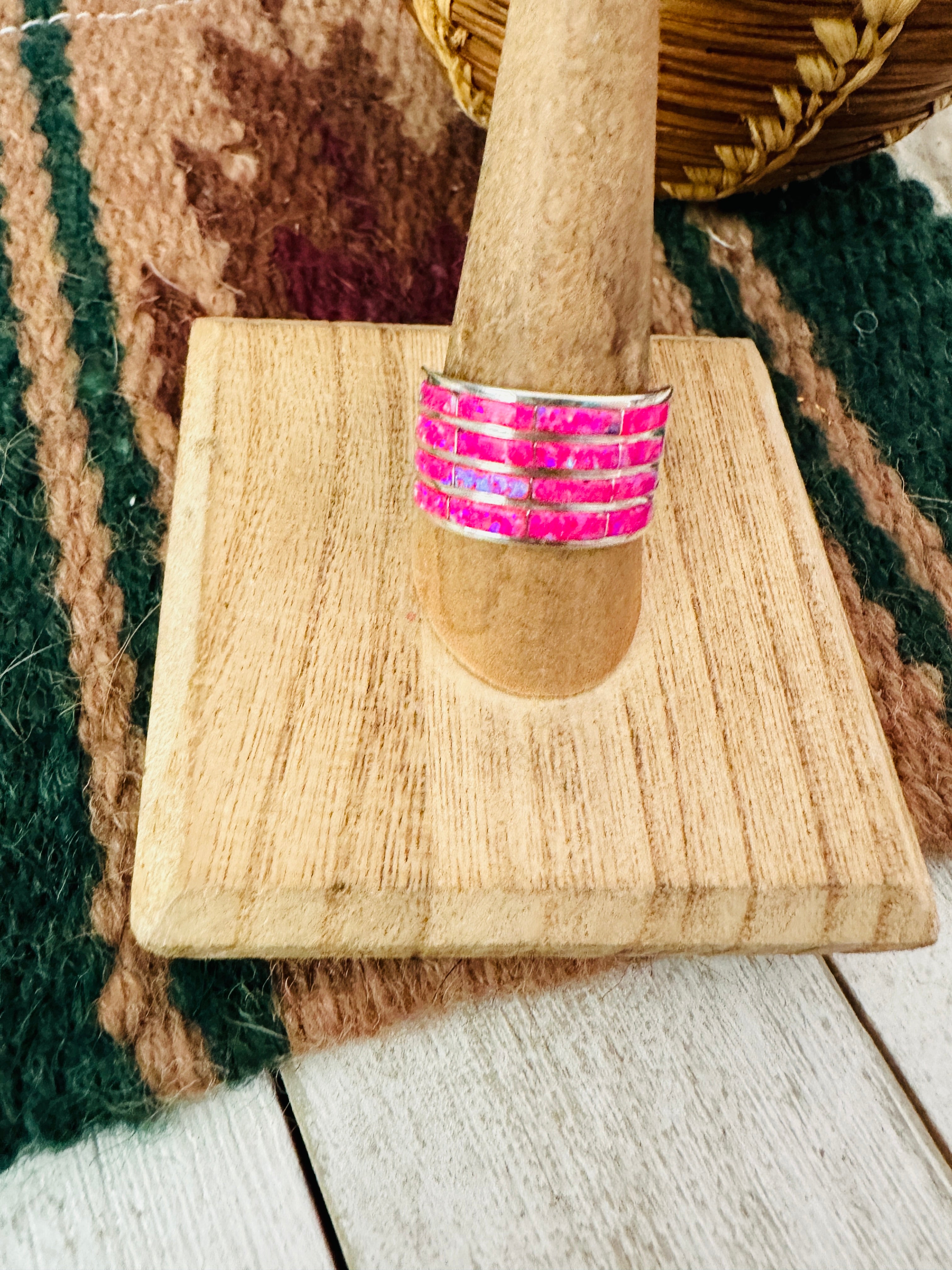 Navajo Sterling Silver & Pink Opal Inlay Band Ring