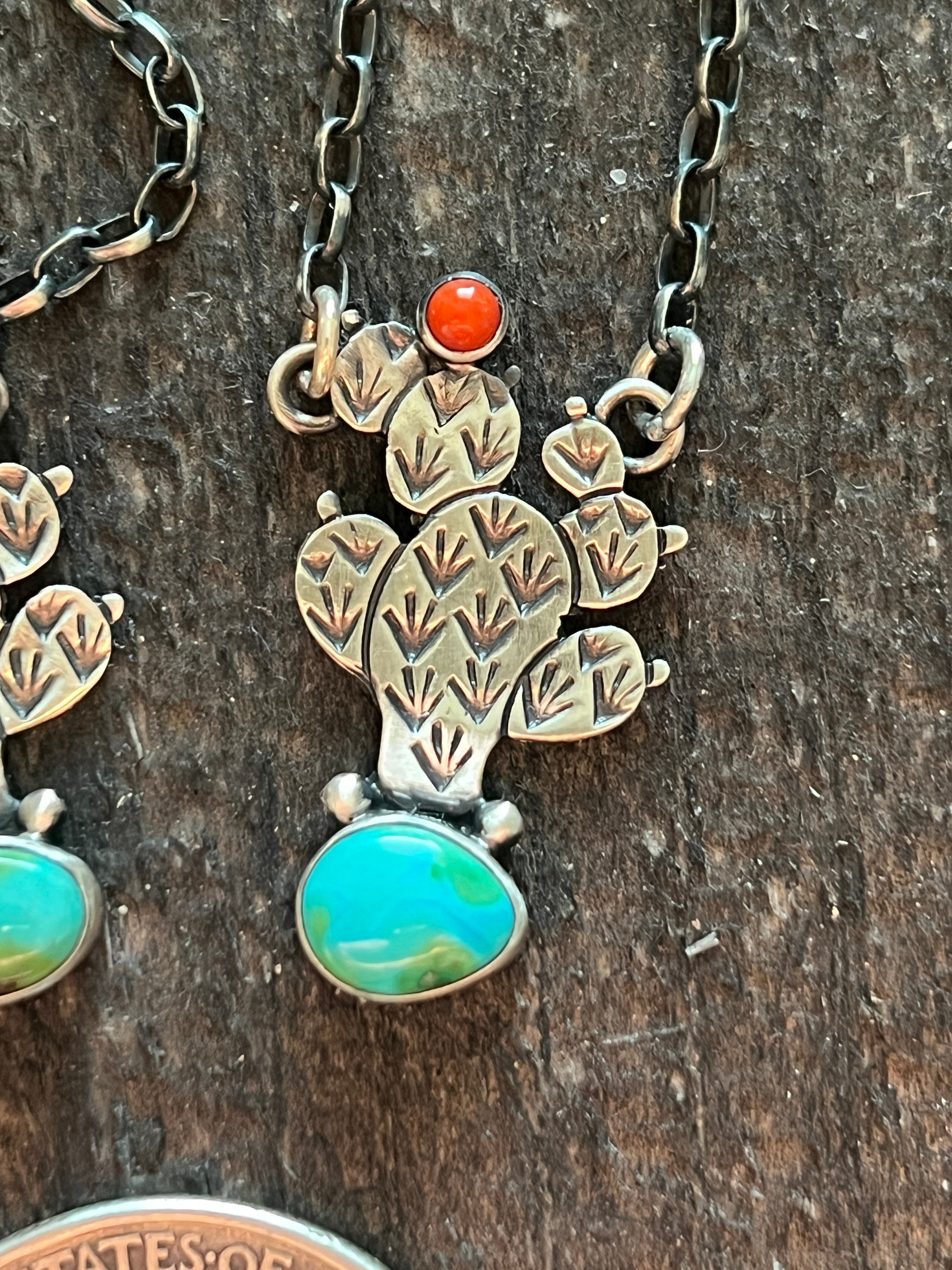 Handcrafted Petite Sterling Silver, Turquoise and Coral Cactus Link Chain Necklace, 16” + 1.5”