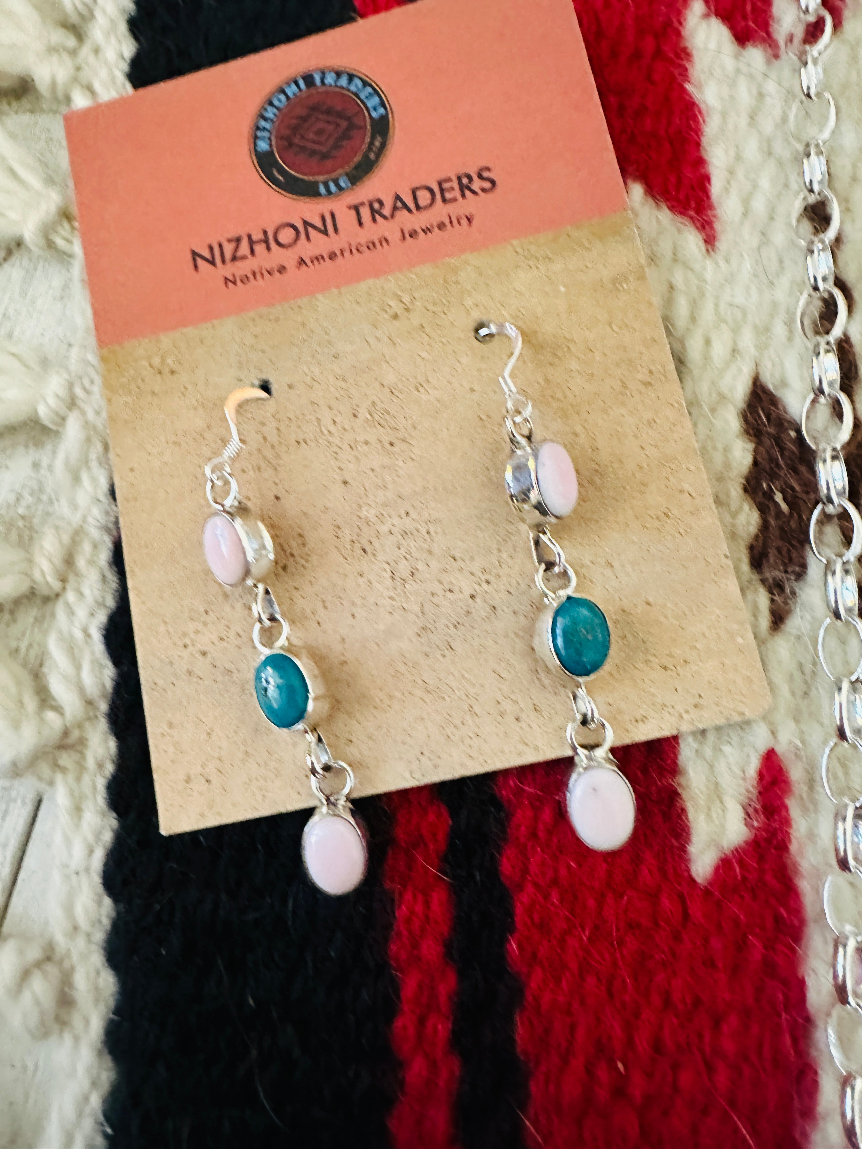 Handcrafted Turquoise, Queen Pink Conch & Sterling Silver Chandelier Necklace Set